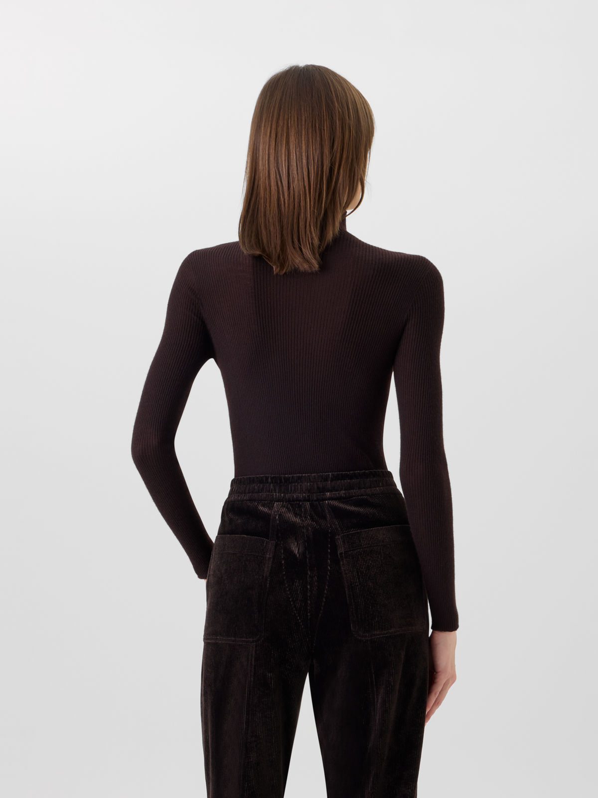 Designer Fine Rib Cashmere Silk Mock Neck Sweater - brown 