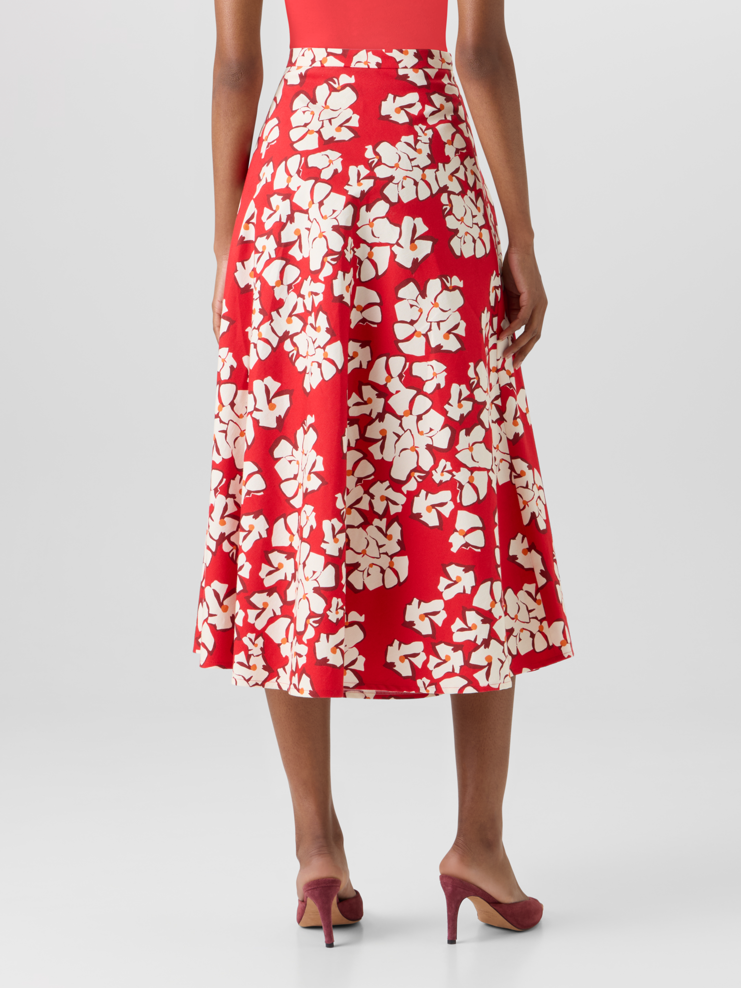 Designer Flared Papercut Flower Midi Skirt - red 