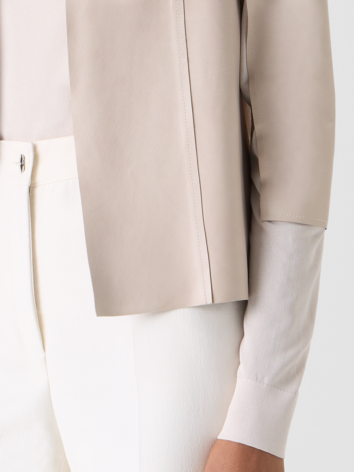 Designer Leather Panel Knit Cardigan with Sheer Back - neutral - beige