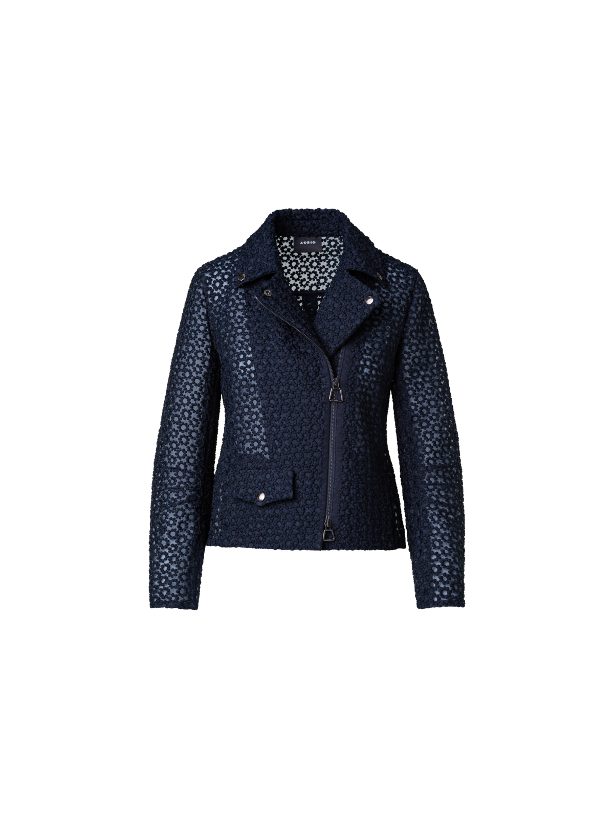 Designer Biker Jacket with St. Gallen Flower Embroidery - navy - blue