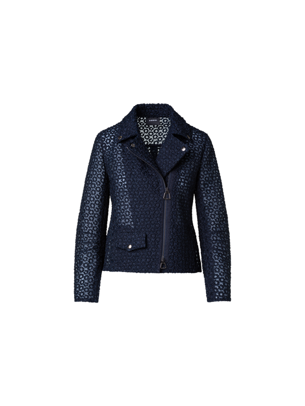 Designer Biker Jacket with St. Gallen Flower Embroidery - navy - blue