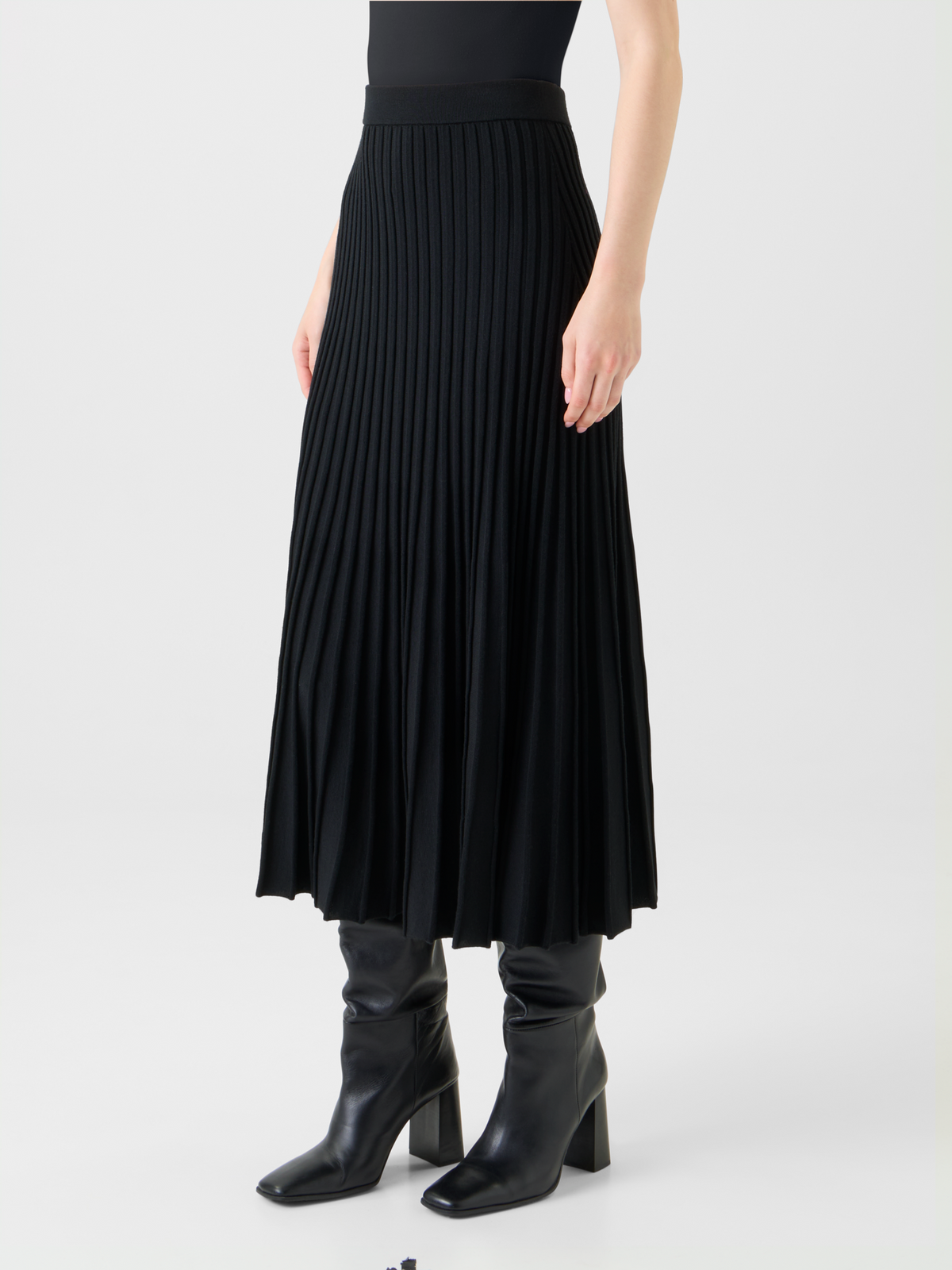 Designer A-Line Merino Wool Rib Knit Pleated Midi Skirt - black - neutral #editorial