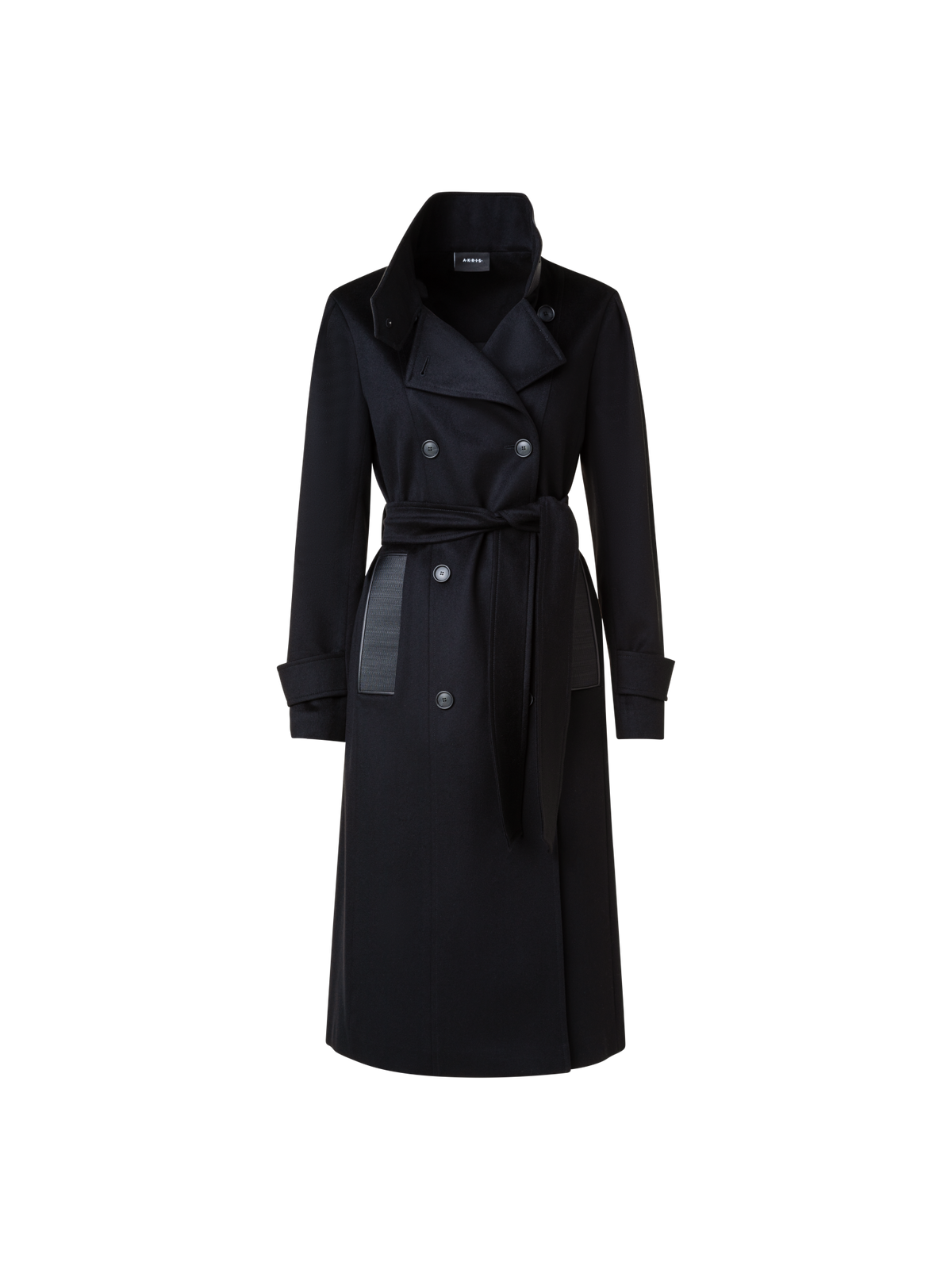 Designer Cashmere Coat with Horsehair Collar and Pocket - black