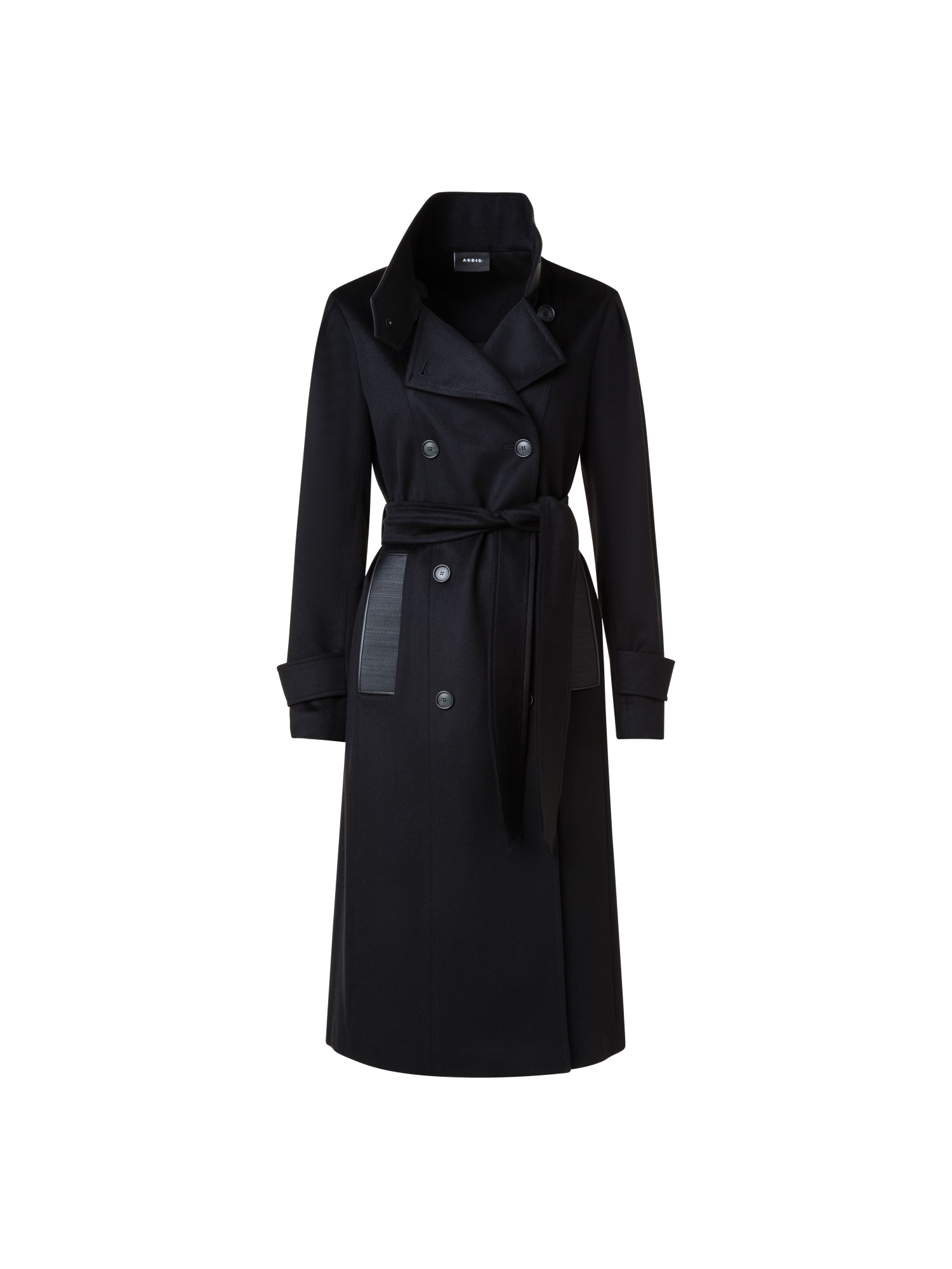 Designer Cashmere Coat with Horsehair Collar and Pocket - black