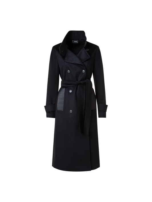 Designer Cashmere Coat with Horsehair Collar and Pocket - black