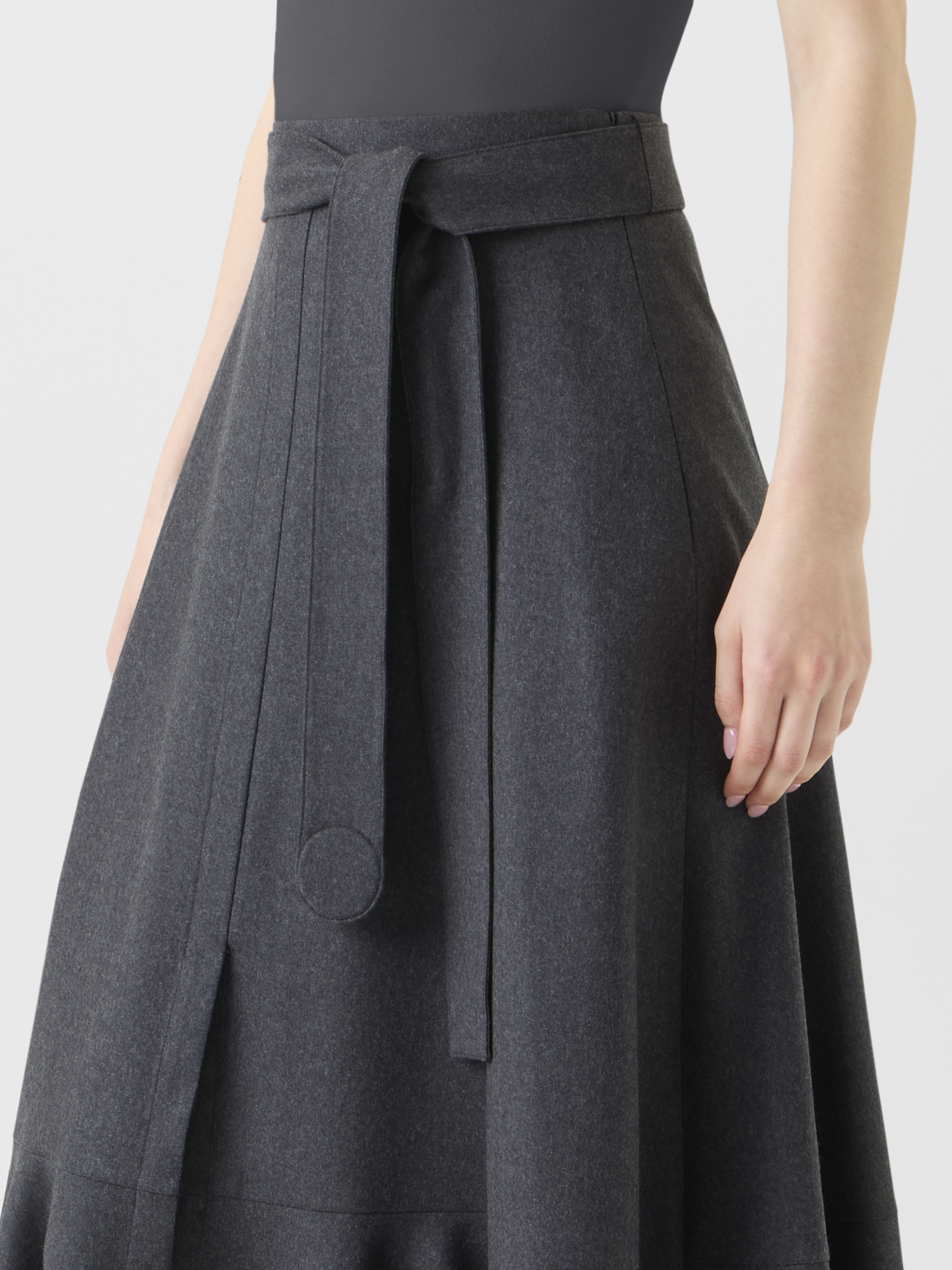 Designer Long Boho Wool Flannel Flared Skirt - neutral - grey 