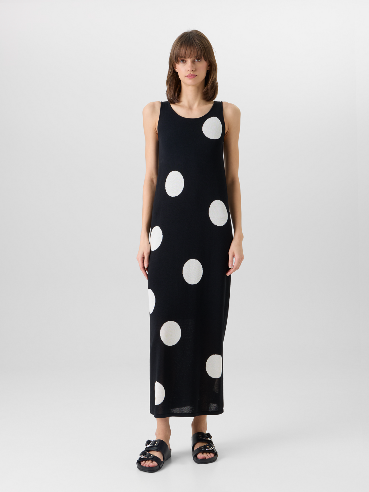 Designer Sleeveless Polka-Dot Midi Knit Dress - black #editorial