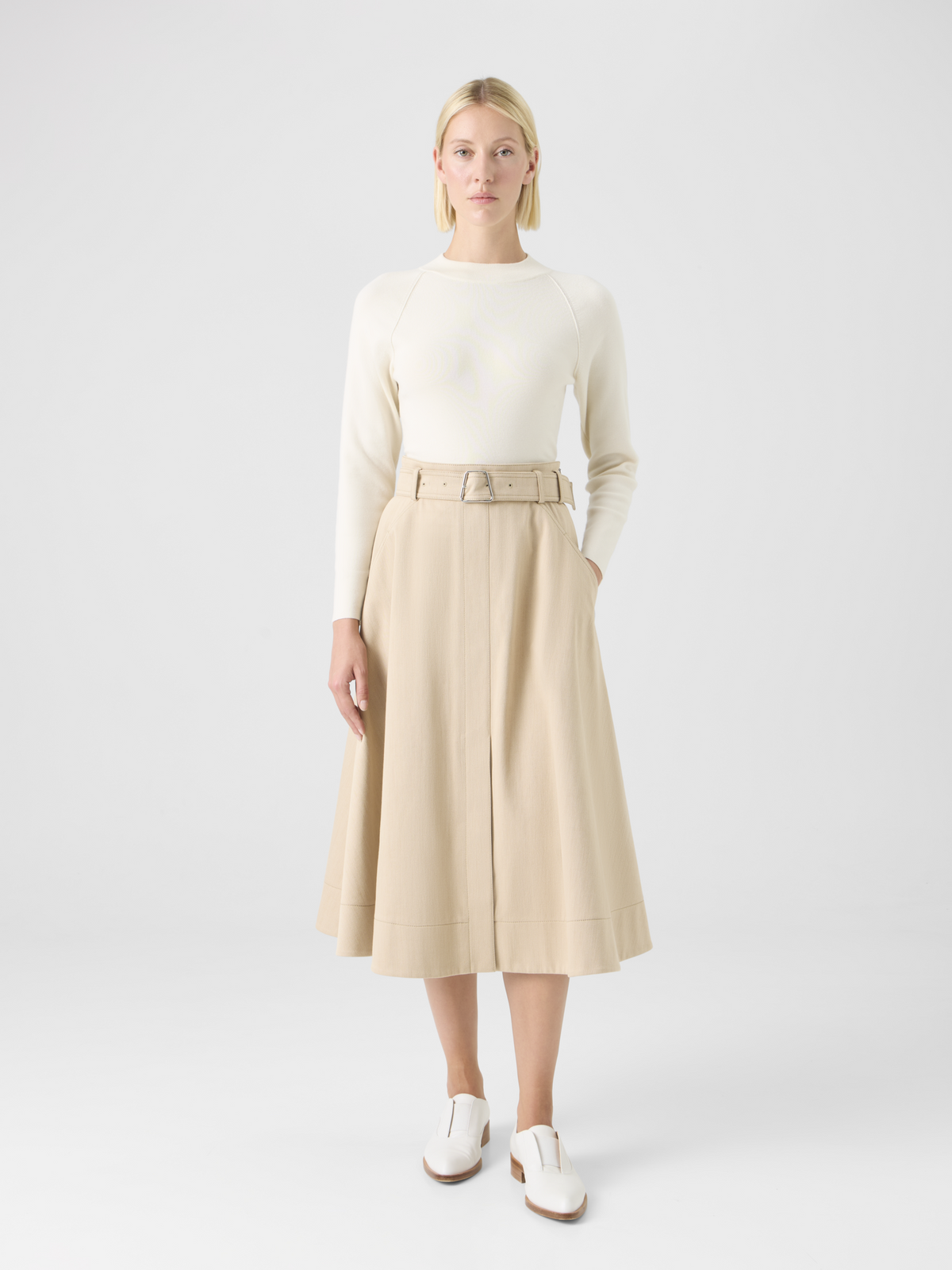 Designer Flared A-Line Midi Skirt in Cotton Denim - beige #editorial