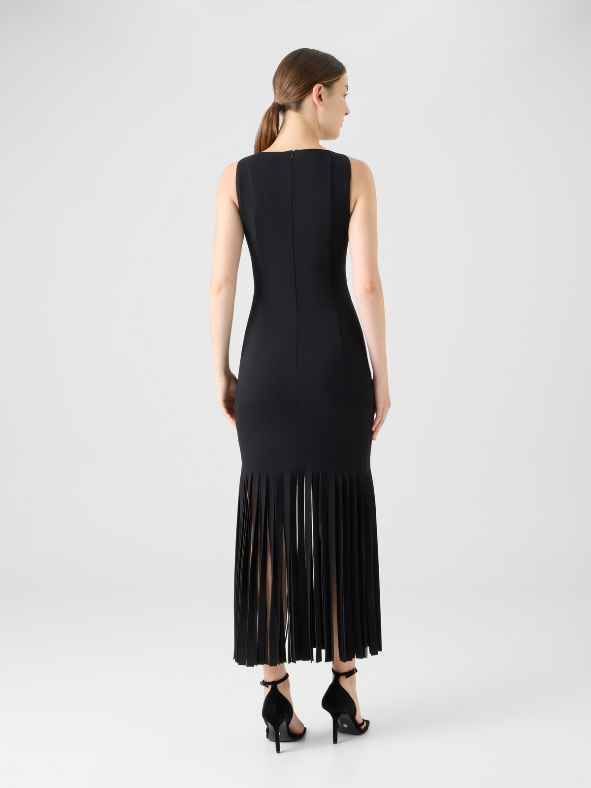Designer Viscose Jersey Dress with Fringe Hem - black #editorial