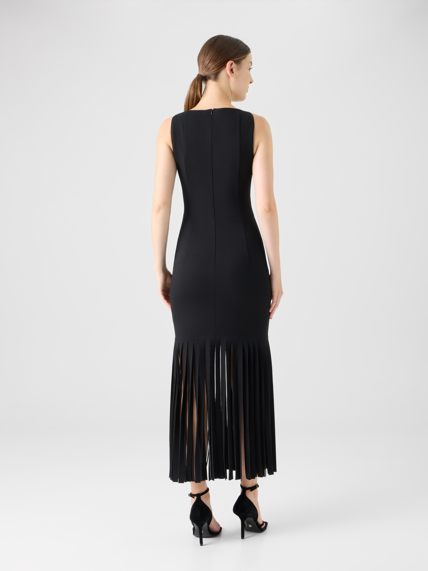 Designer Viscose Jersey Dress with Fringe Hem - black 