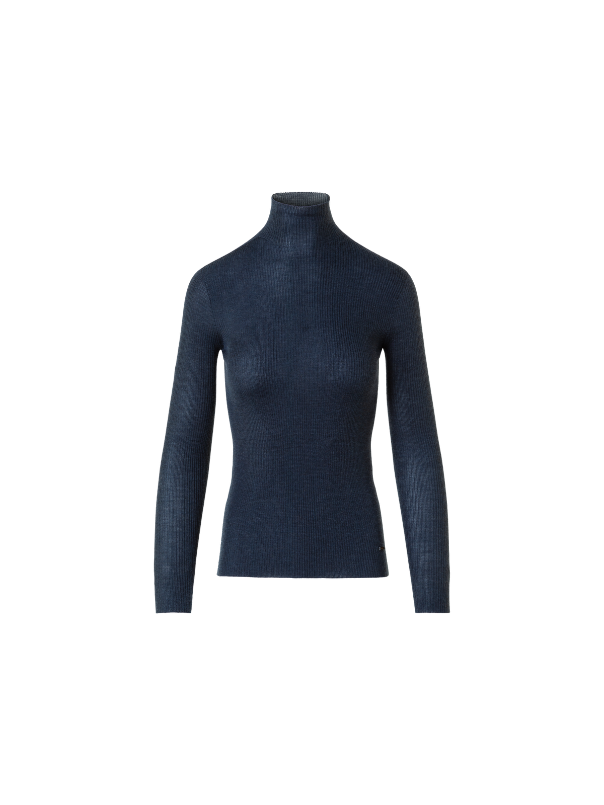 Designer Fine Rib Cashmere Silk Mock Neck Pullover - neutral - navy - blue