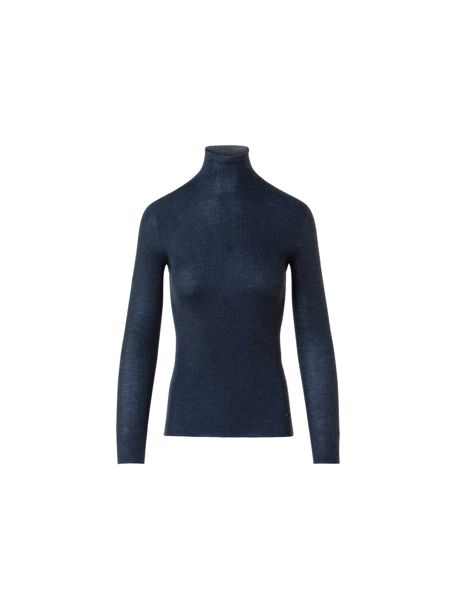 Designer Fine Rib Cashmere Silk Mock Neck Pullover - neutral - navy - blue