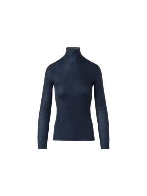 Designer Fine Rib Cashmere Silk Mock Neck Pullover - neutral - navy - blue