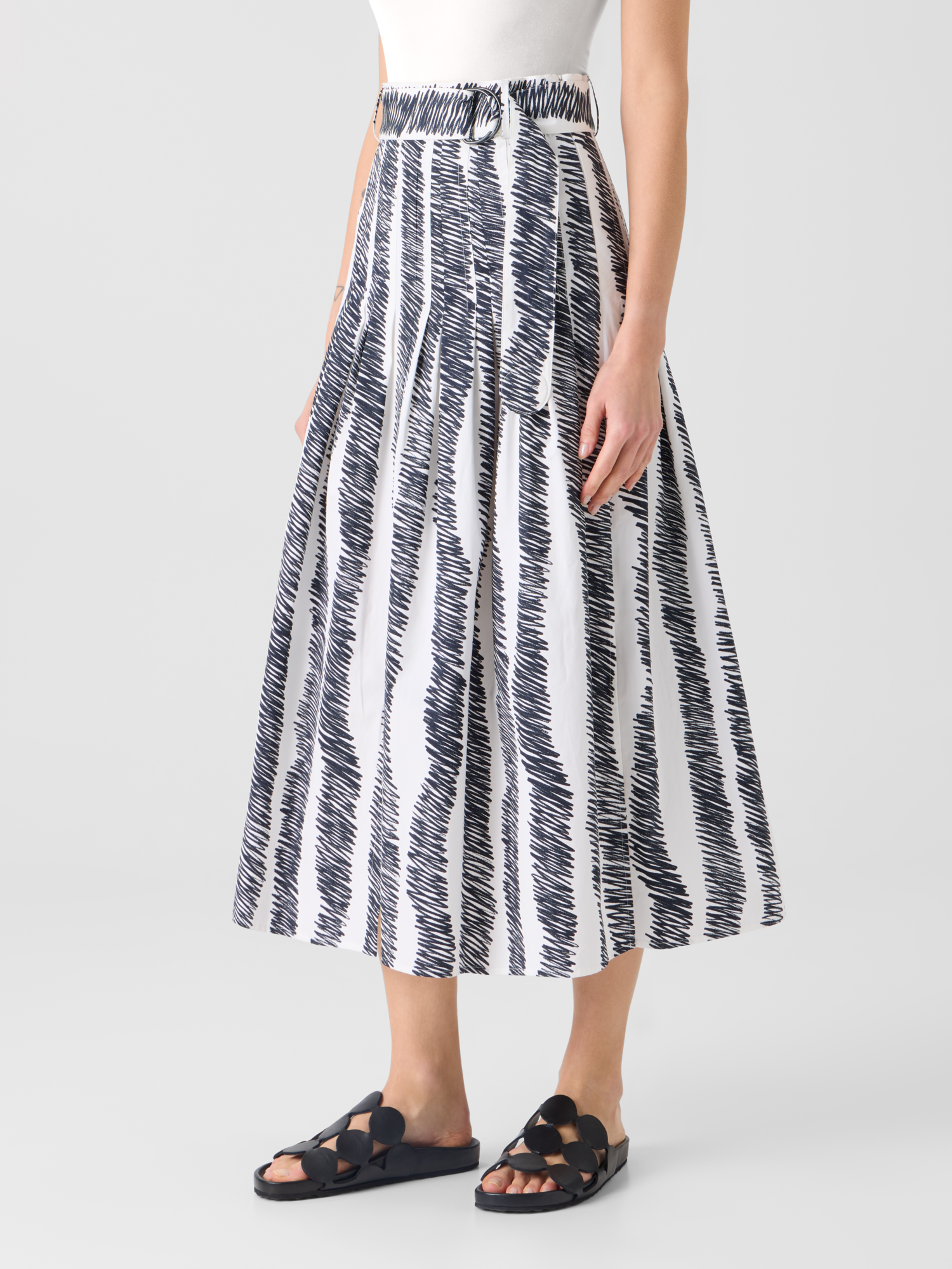 Designer A-Line Scribble Wave Print Pleated Midi Skirt - multicolor - ecru