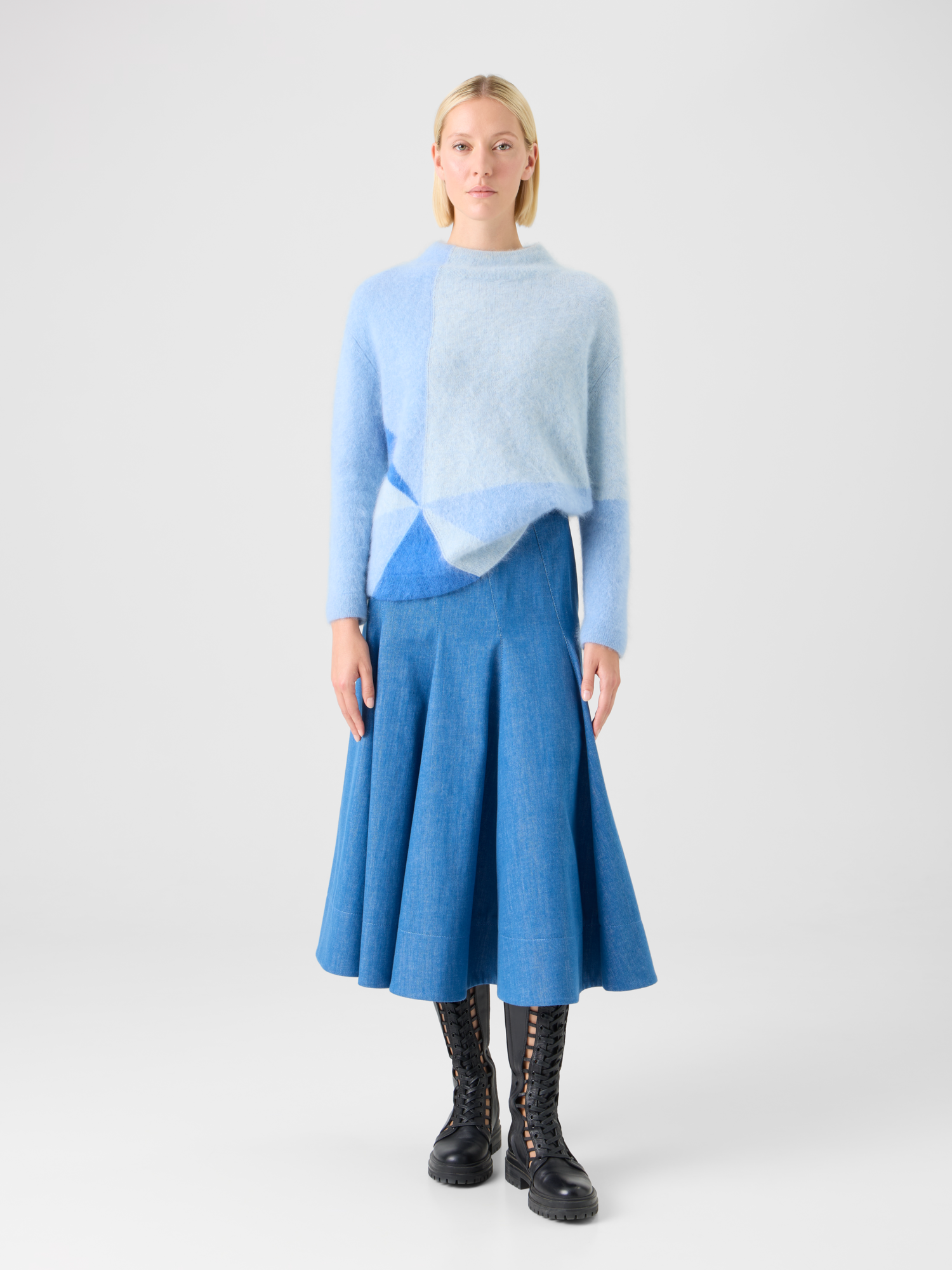 Designer Diagonal Godet Cotton Stretch Denim Midi Skirt - blue 