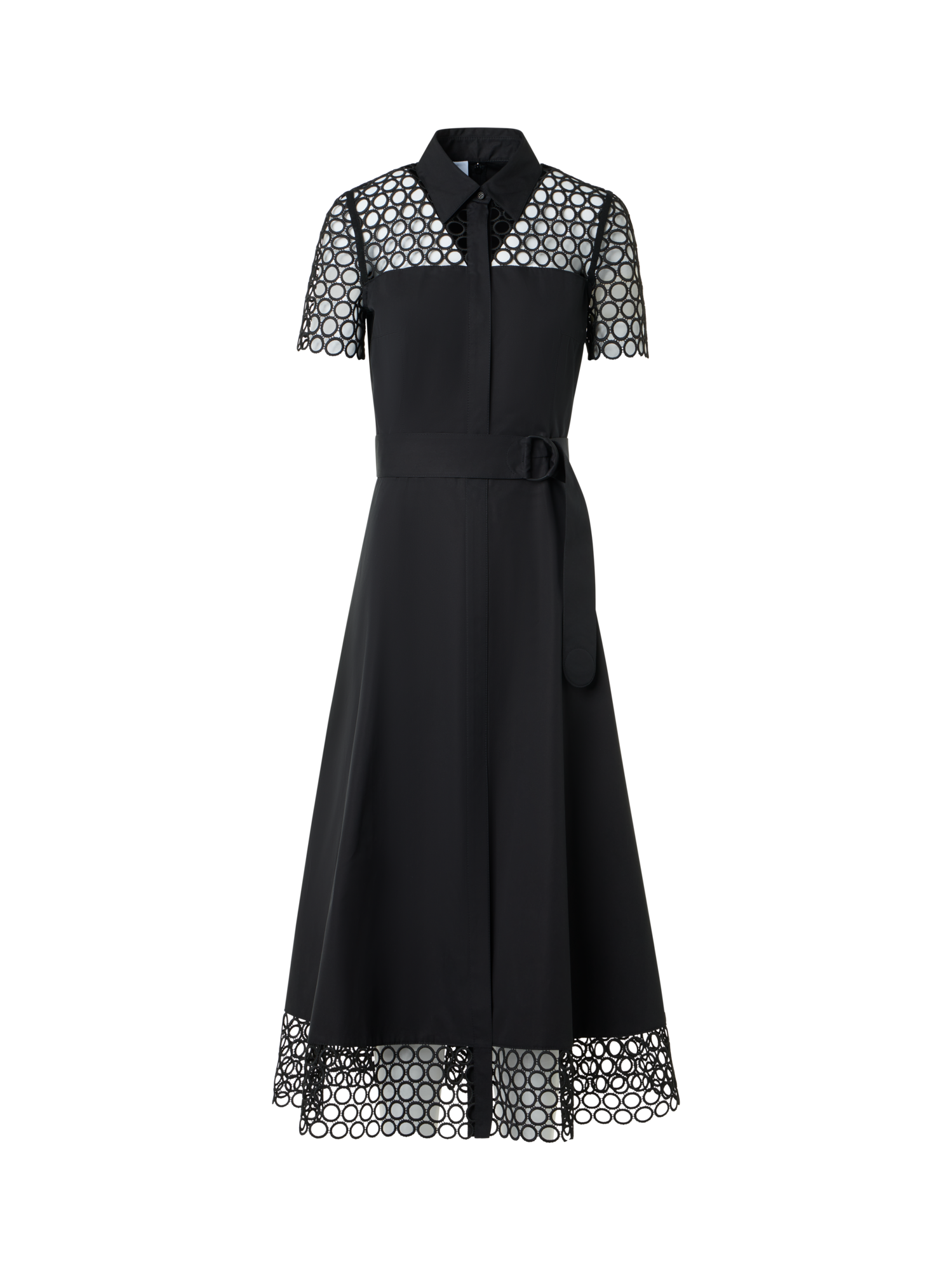 Designer Cotton Midi Dress with Eyelet Guipure - black