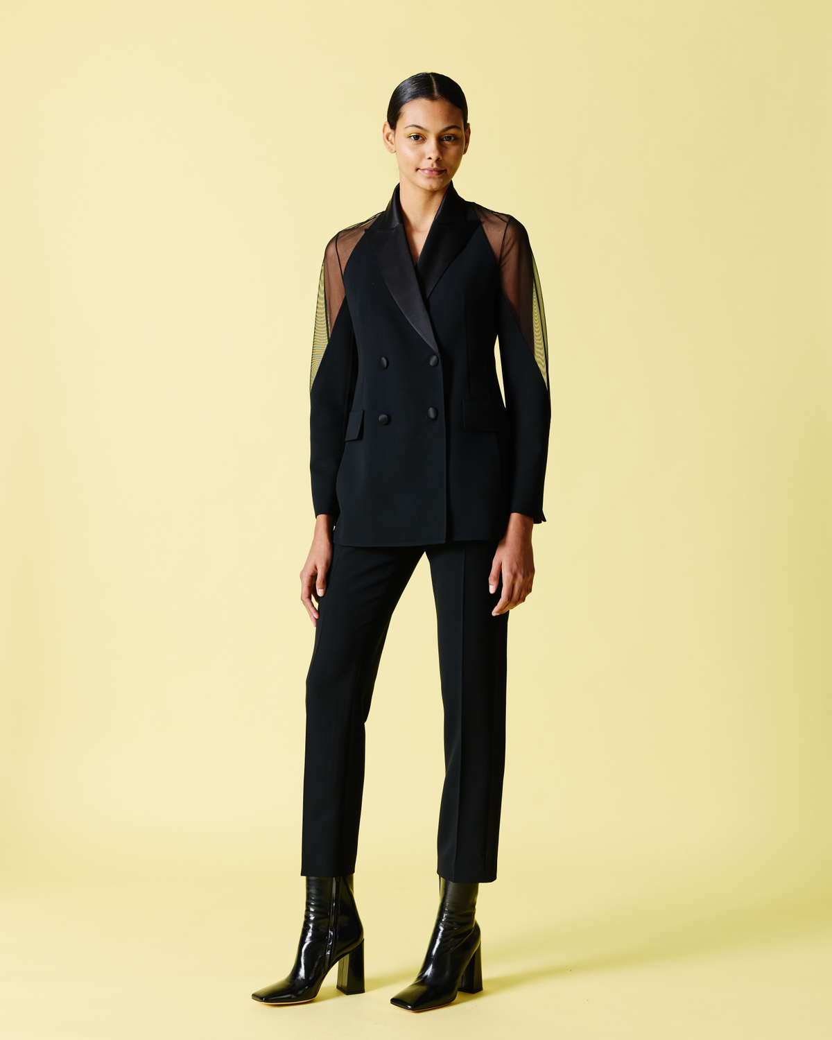 Designer Wool Satin Tuxedo Jacket with Sheer Shoulders #editorial