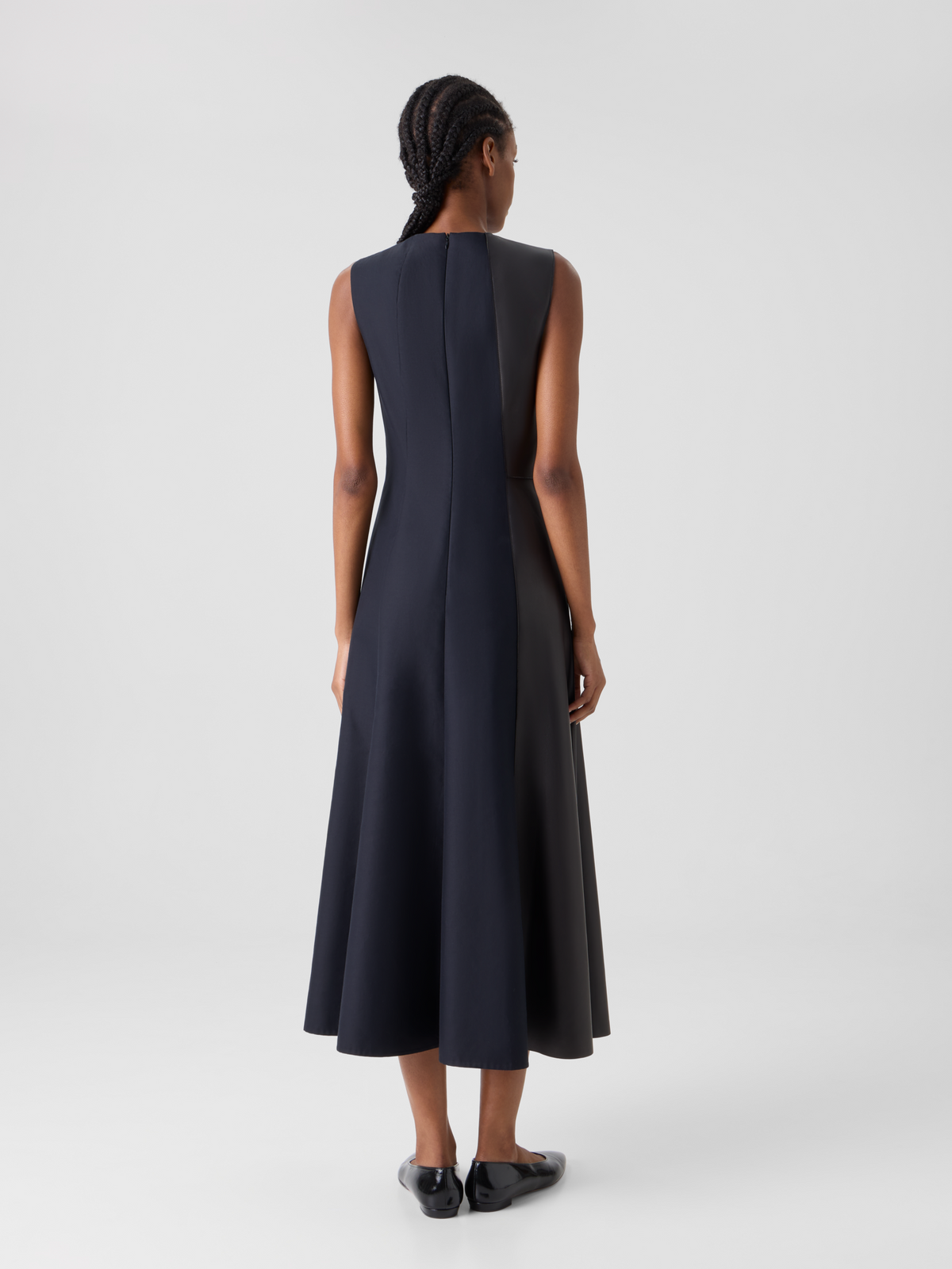 Designer Flared Midi Dress with Leather Patchwork - black #editorial