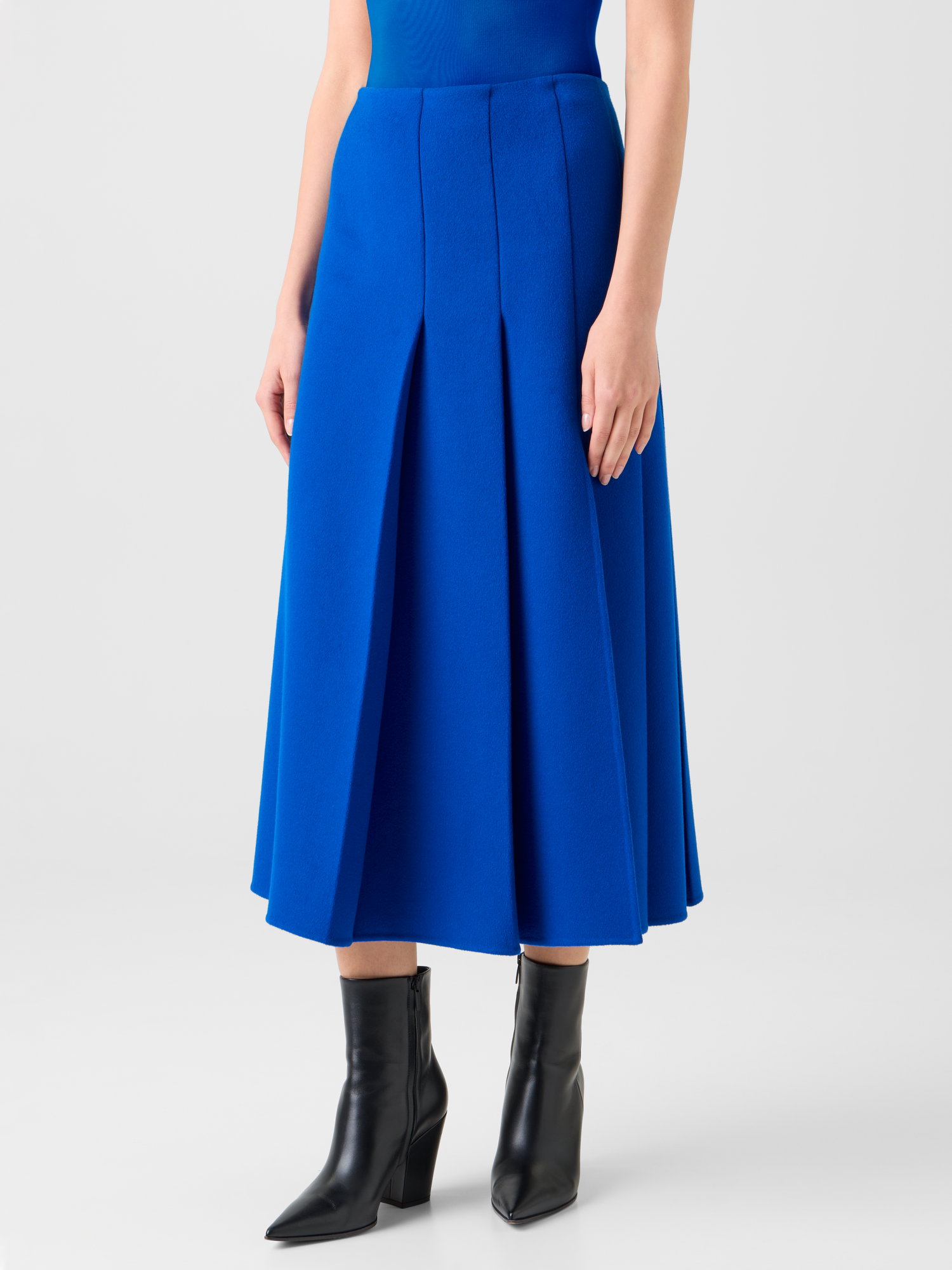 Designer Pleated Wool Flannel Double-Face Midi Skirt - blue 