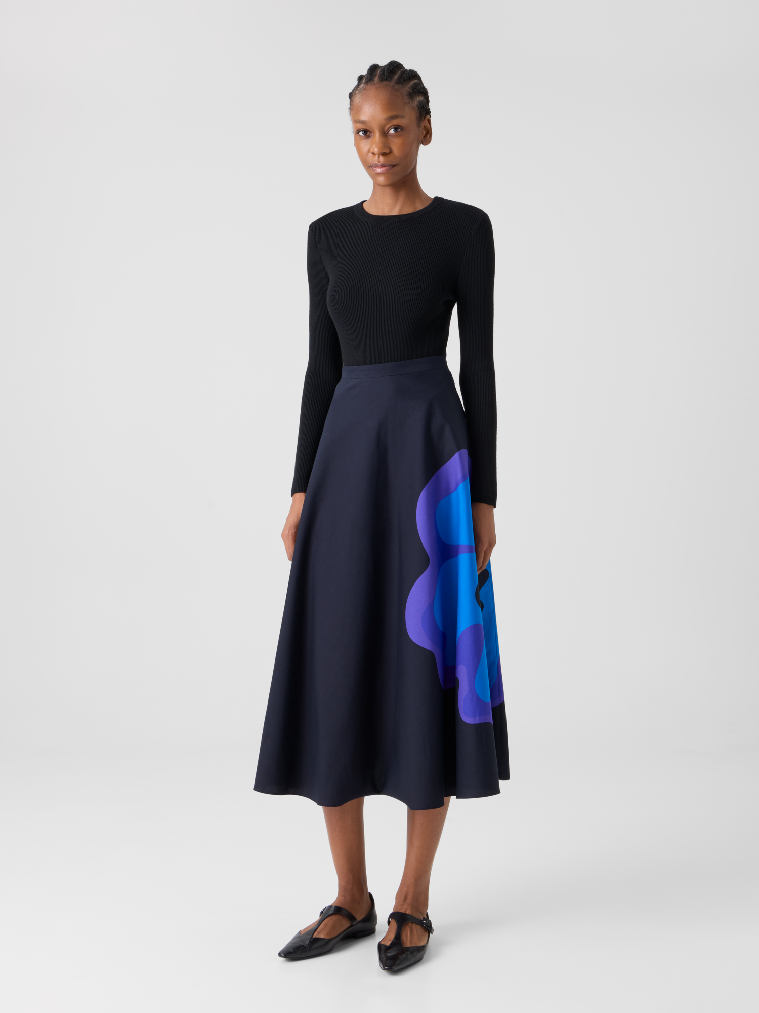 Designer XL Pop Dot Flower Print Midi Skirt - navy 