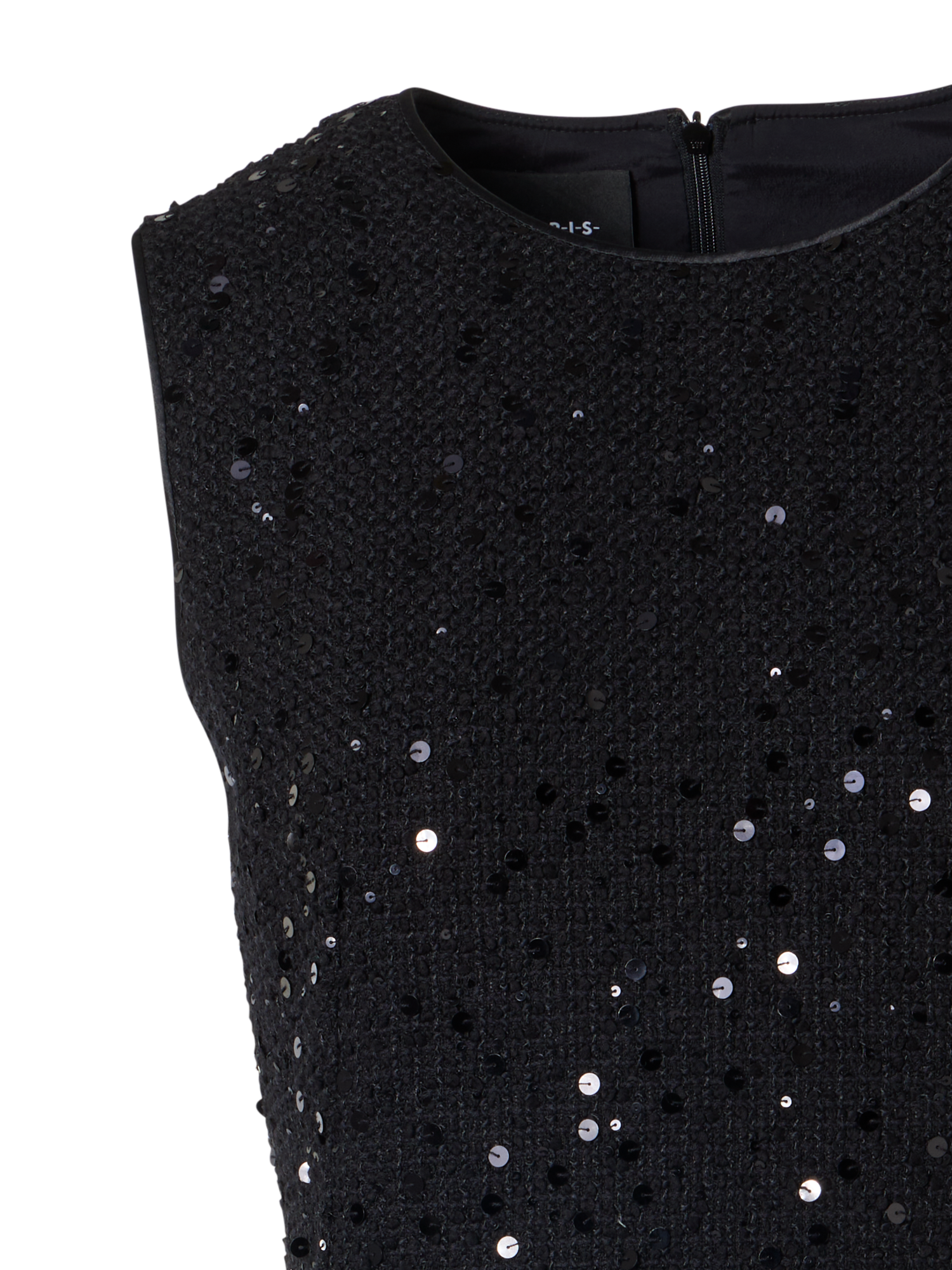 Designer Sleeveless Cotton-Wool Tweed Midi Sheath Dress with Sequins - black