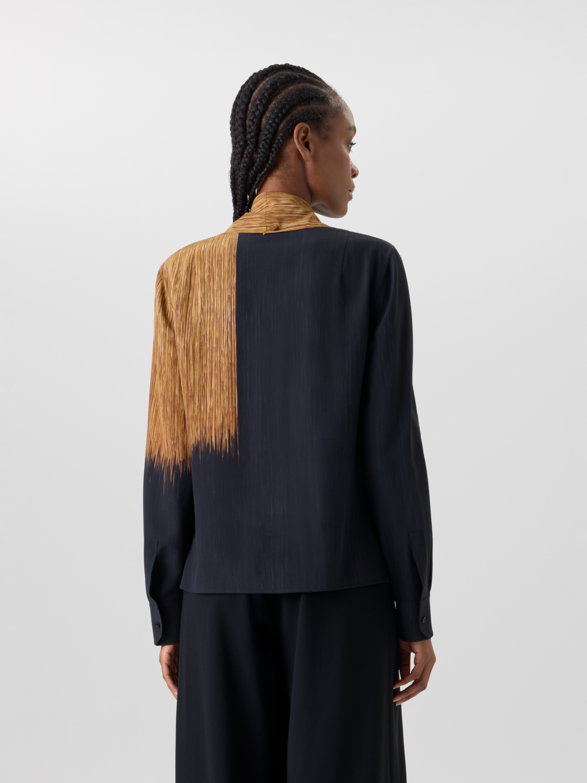 Designer Silk Blouse in Oro Lienzo Print with Scarf - brown - black - multicolor #editorial
