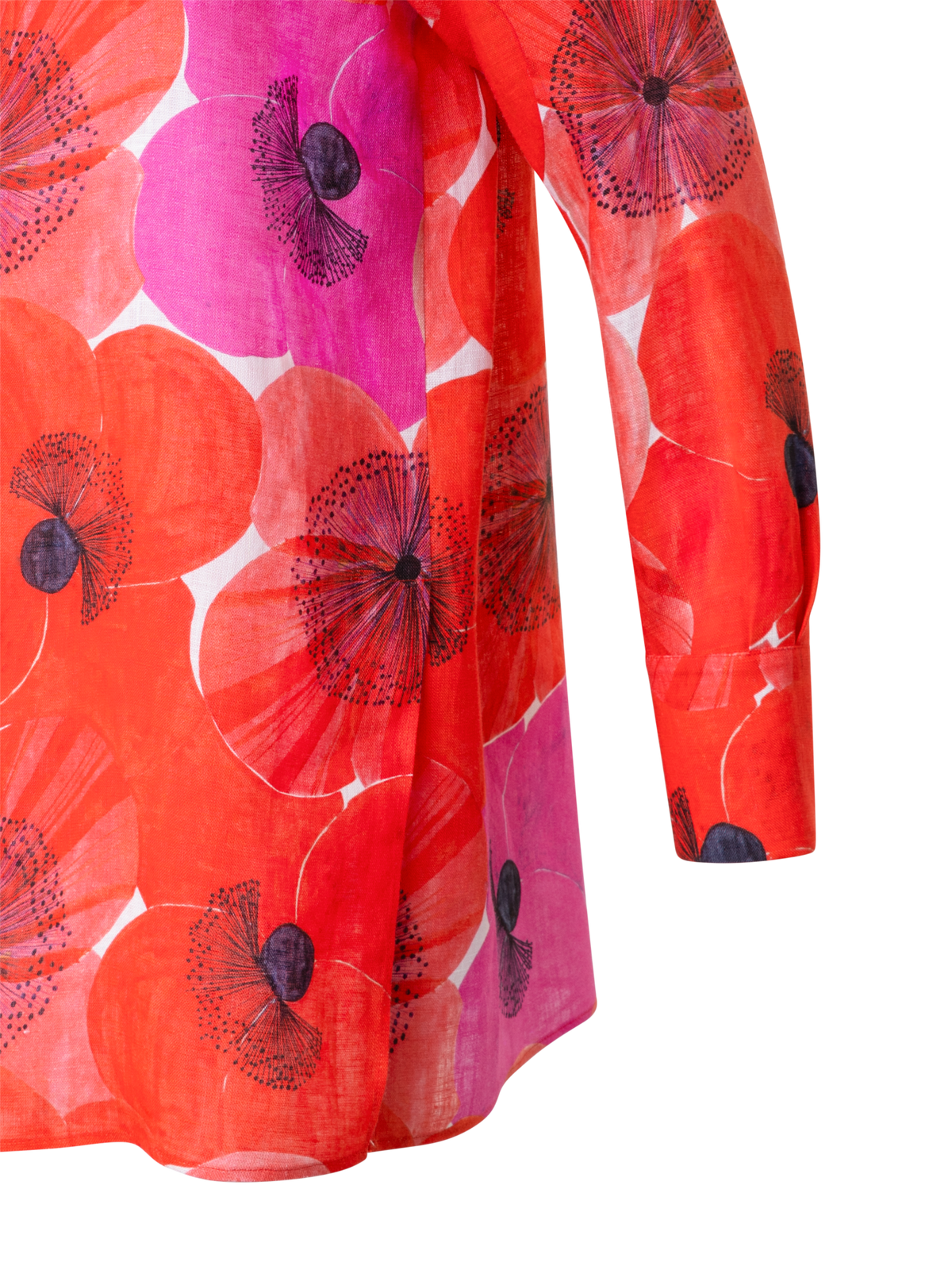 Designer Oversize Linen Tunic Blouse with Poppy Print - multicolor - red