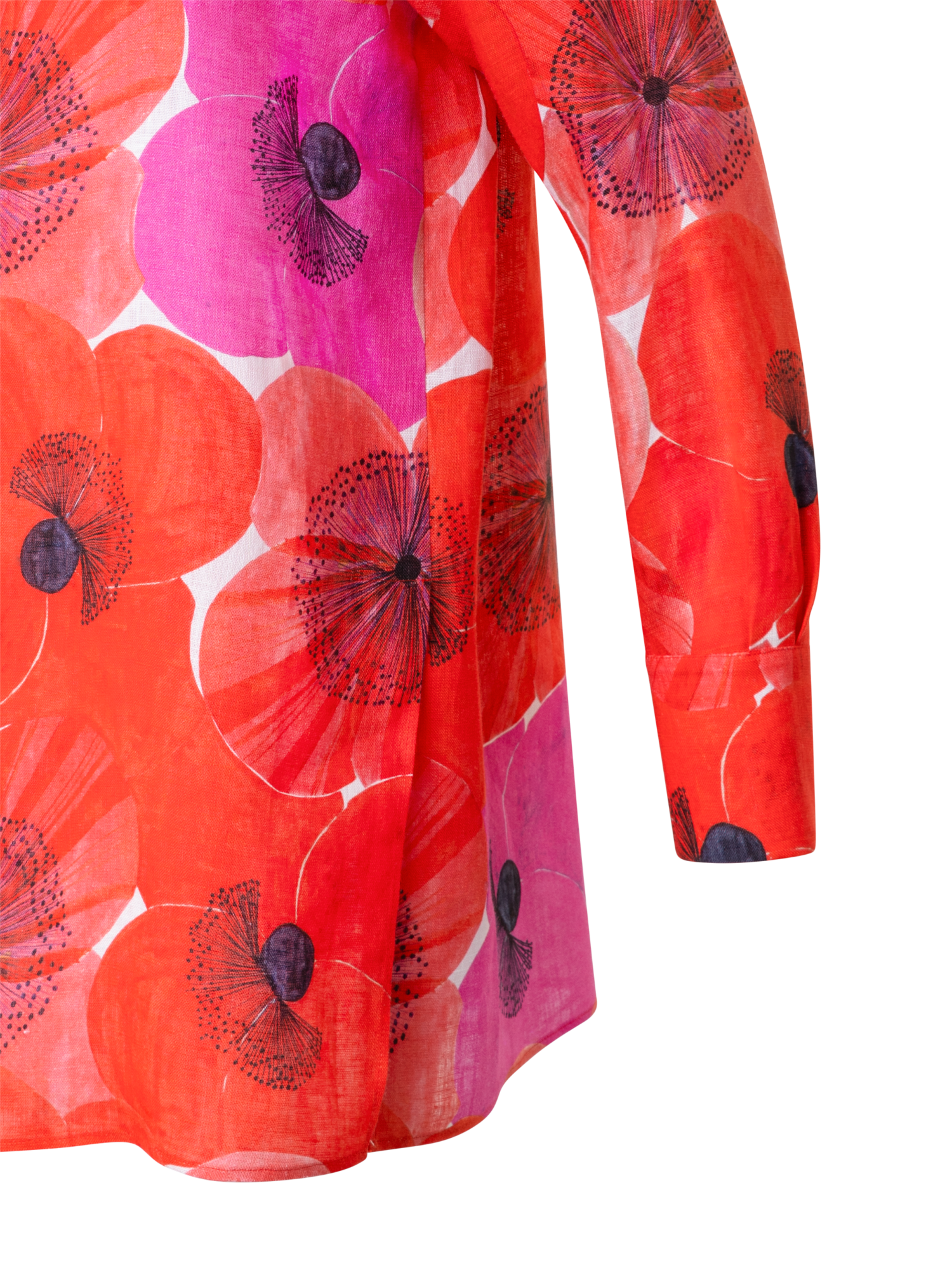 Designer Oversize Linen Tunic Blouse with Poppy Print - multicolor - red