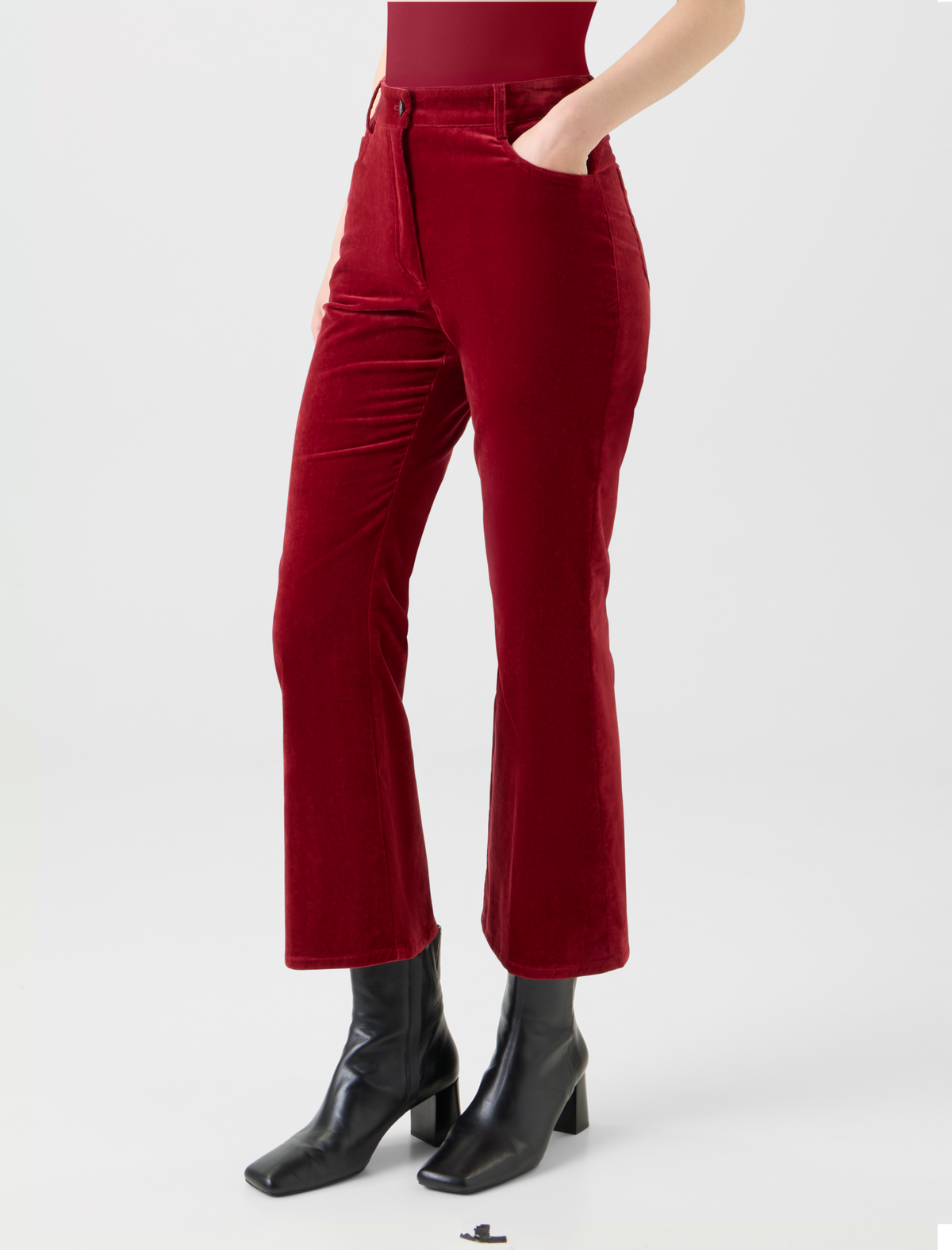 Designer Cropped Bootcut Stretch Cotton Velvet Pants - red #editorial
