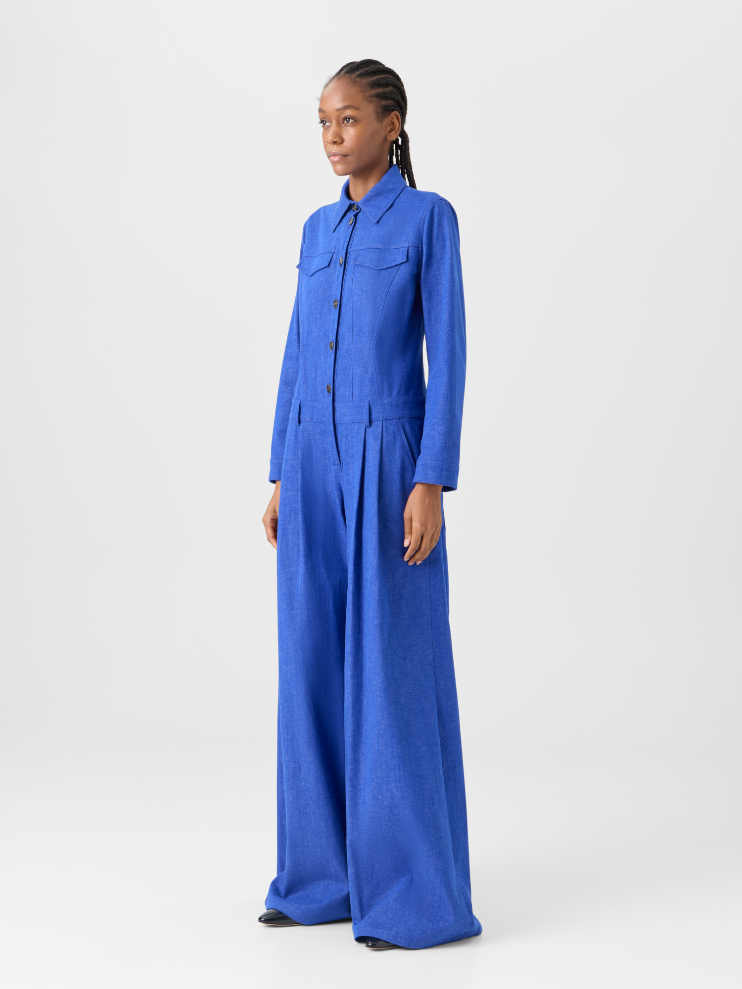 Designer Hellan Fitted Jumpsuit in Cotton Denim - blue 