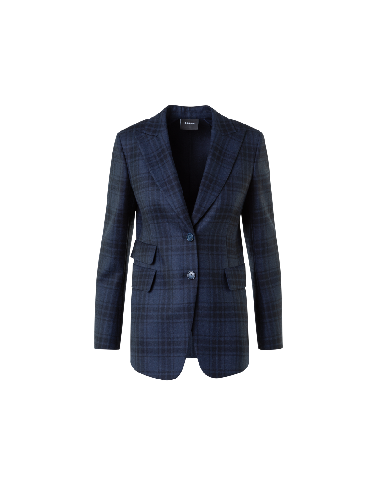 Designer Long Double-Face Plaid Blazer Jacket - neutral - navy - blue