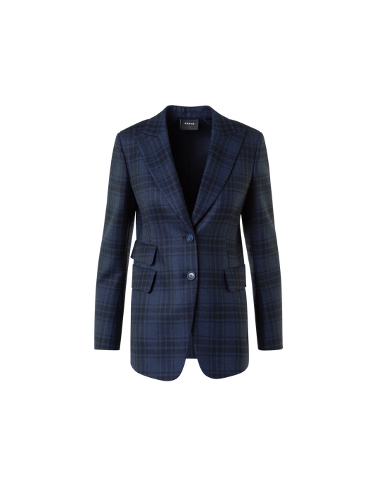 Designer Long Double-Face Plaid Blazer Jacket - neutral - navy - blue