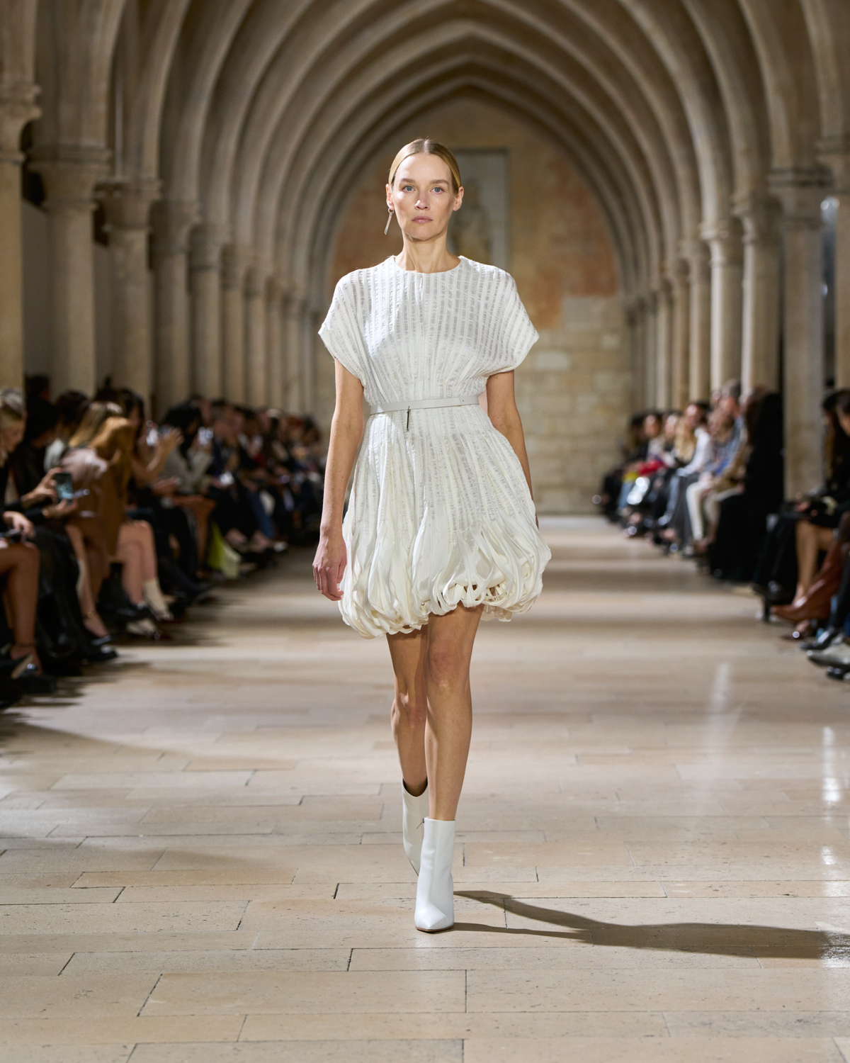 Designer Short Flared Silk Dress with Ribbon Loops Skirt - ecru - white #editorial