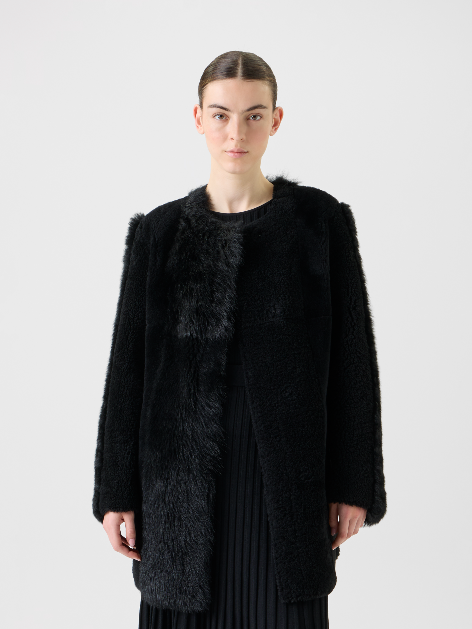 Designer Straight Patchwork Shearling Short Coat - black - neutral 