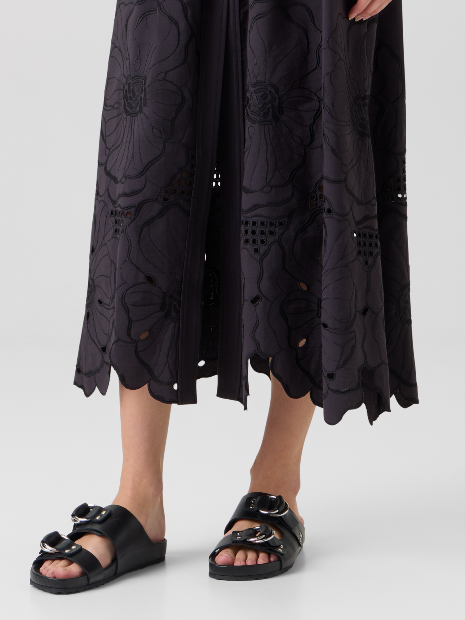 Designer Flared Flower Eyelet Midi Skirt - black 