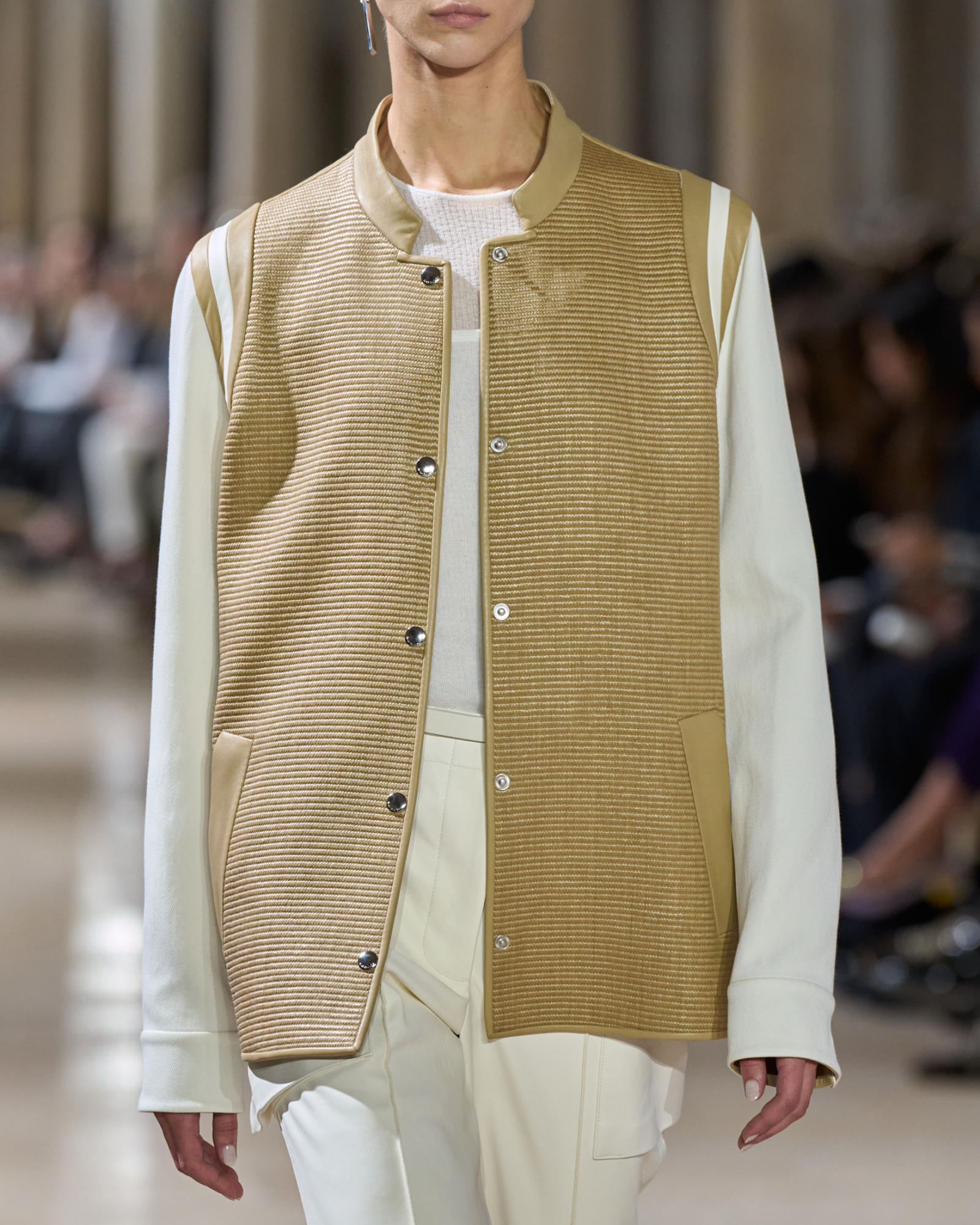 Designer Varsity Jacket in Cotton Raffia and Leather - neutral - multicolor - beige 