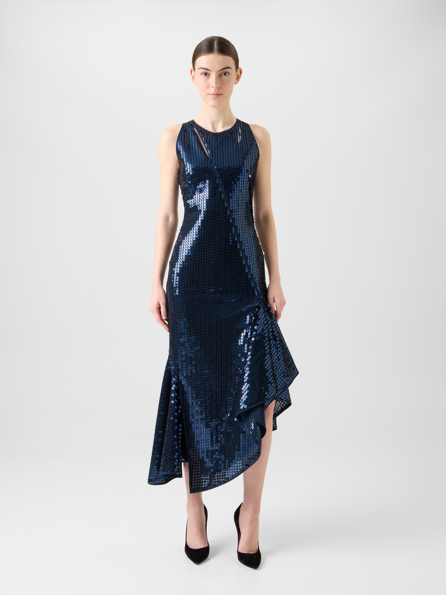 Designer Asymmetrical Sequin Dress with Flounce Hem - neutral - navy - blue 