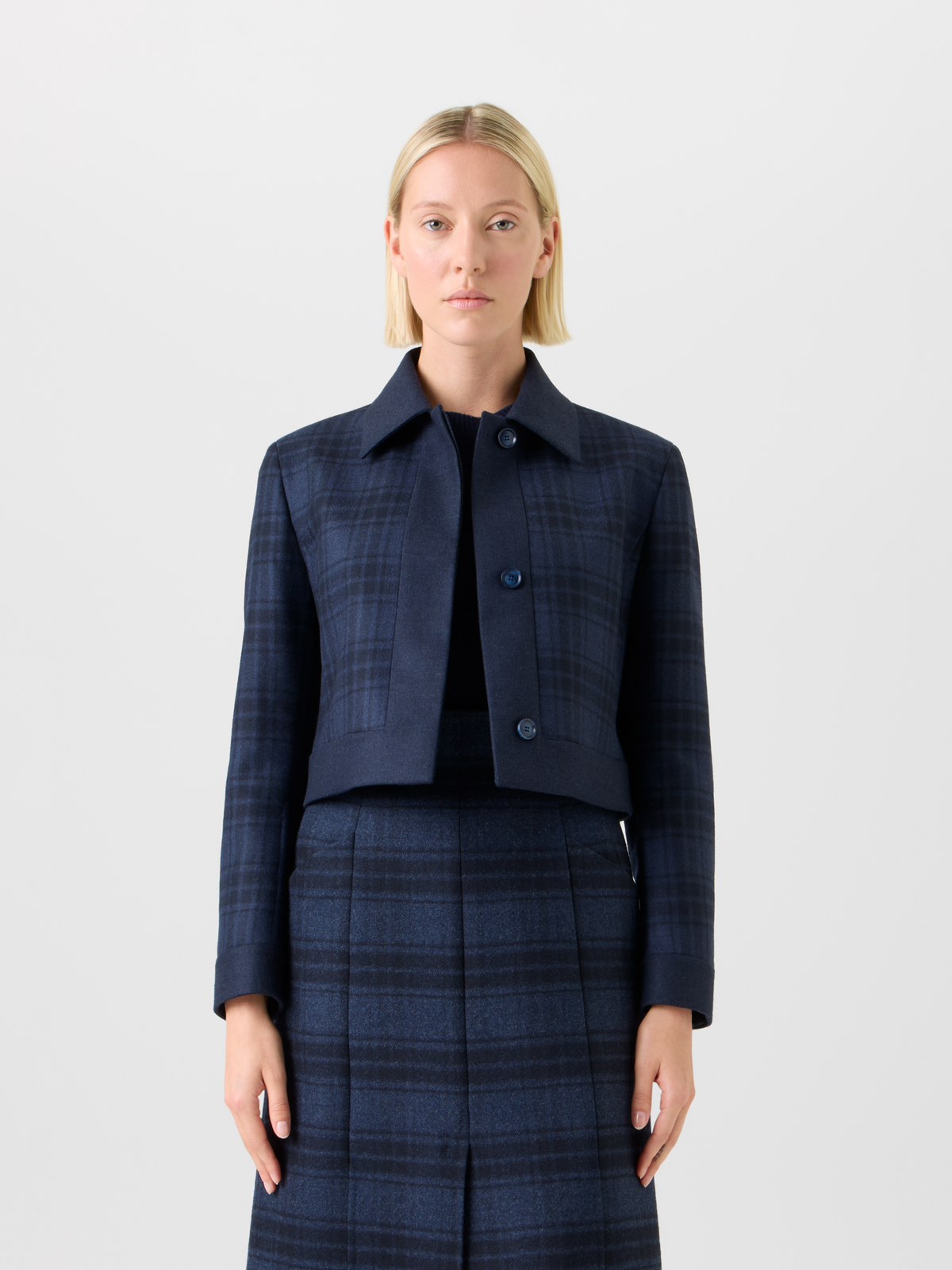 Designer Short Wool Double-Face Plaid Jacket - neutral - navy - blue #editorial