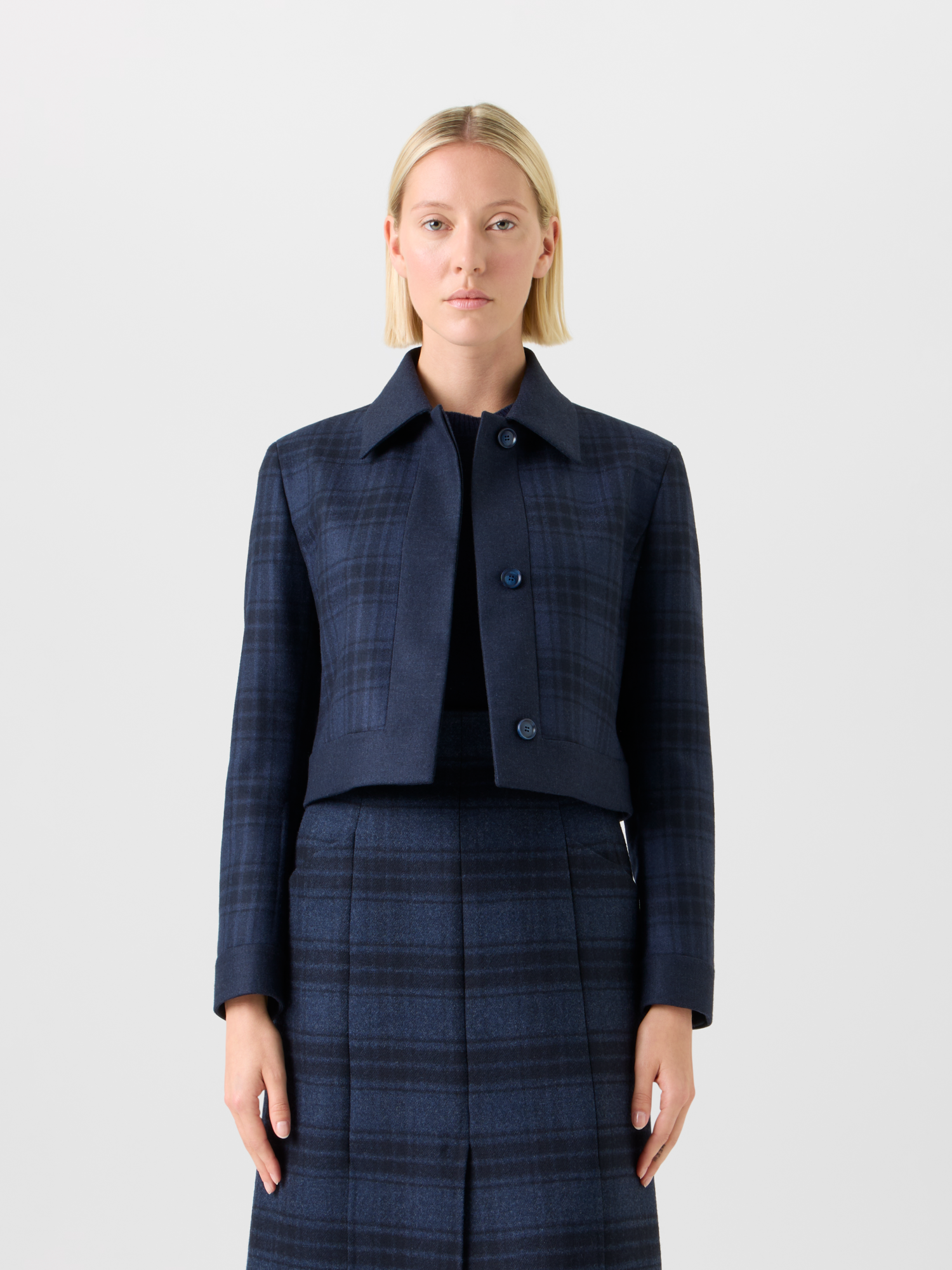 Designer Short Wool Double-Face Plaid Jacket - neutral - navy - blue 