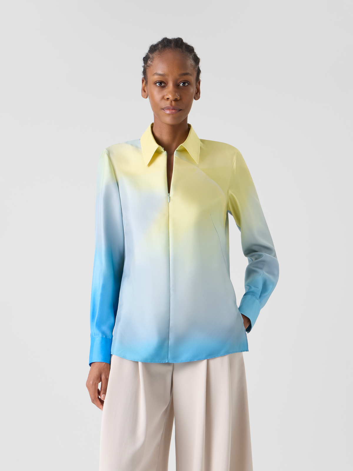 Designer Silk Twill Tunic Blouse with Sunbeam Print - blue - multicolor #editorial