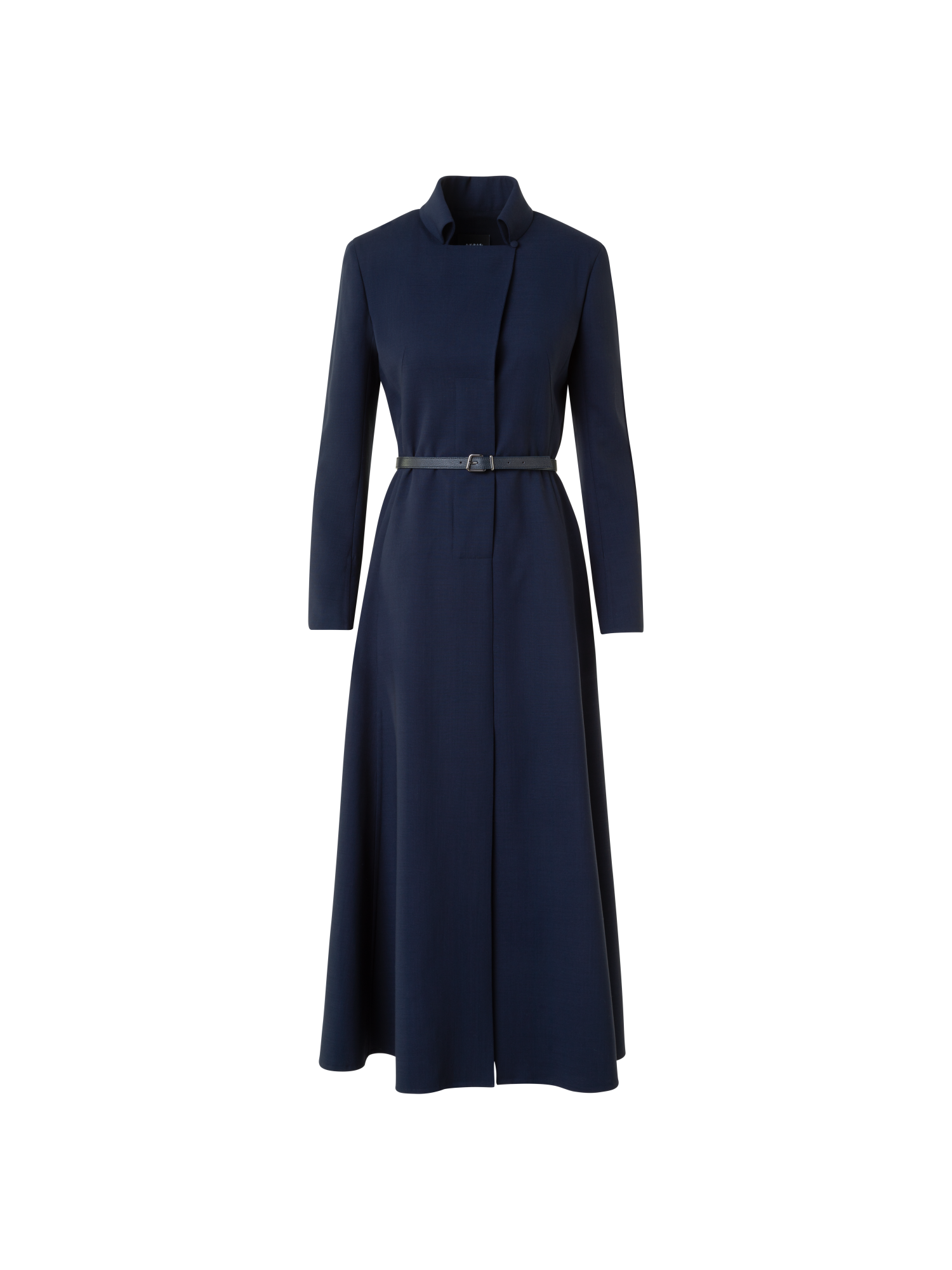 Designer Belted Wool Double-Face Midi Shirt Dress - neutral - navy - blue