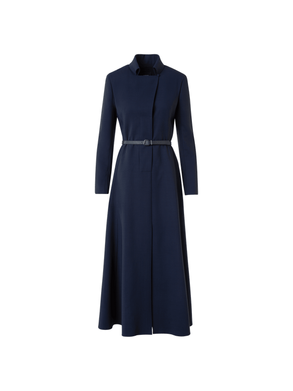 Designer Belted Wool Double-Face Midi Shirt Dress - neutral - navy - blue