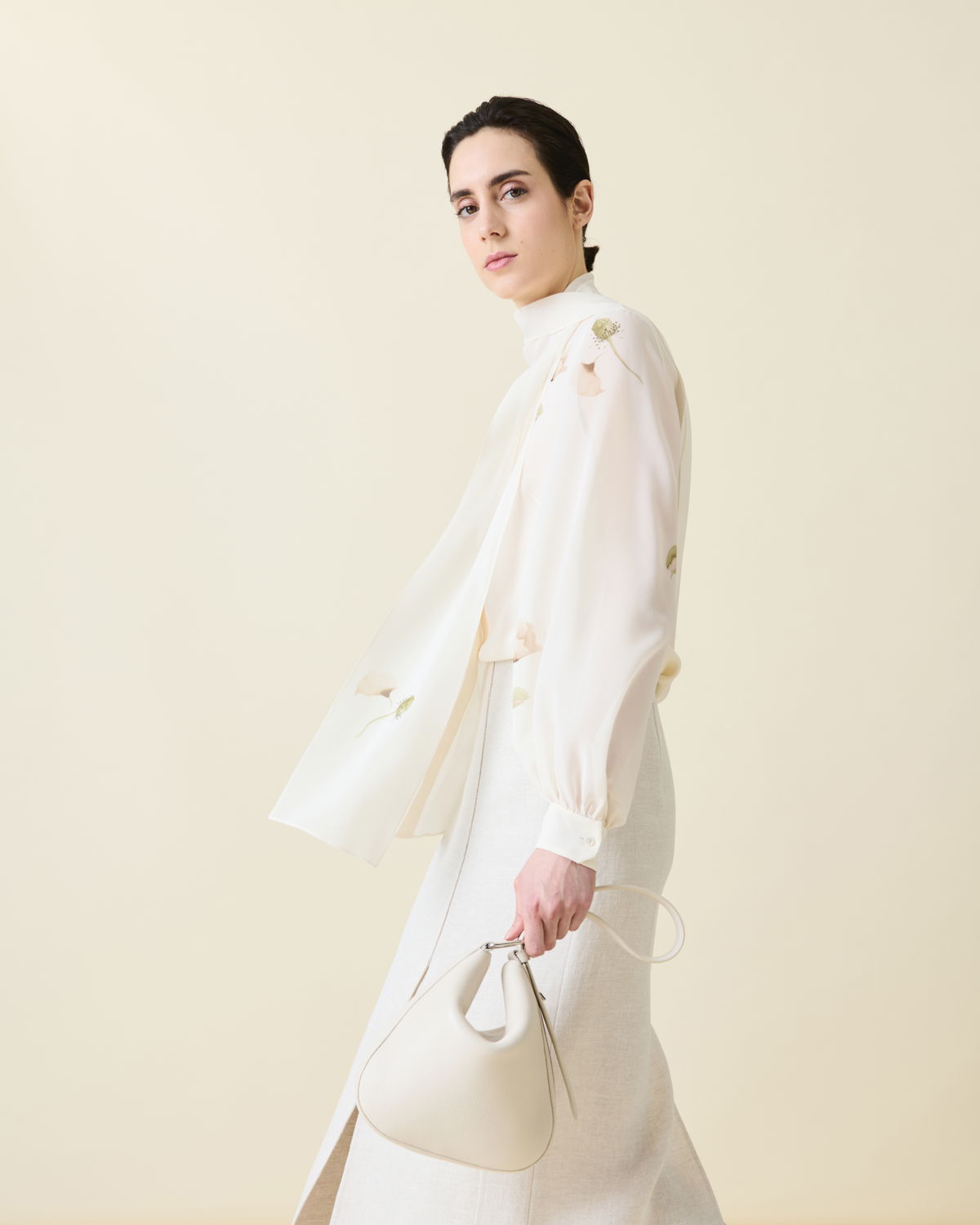 Designer Tie Neck Silk Blouse with Anemone Print - neutral - pastel - multicolor - ecru - white #editorial