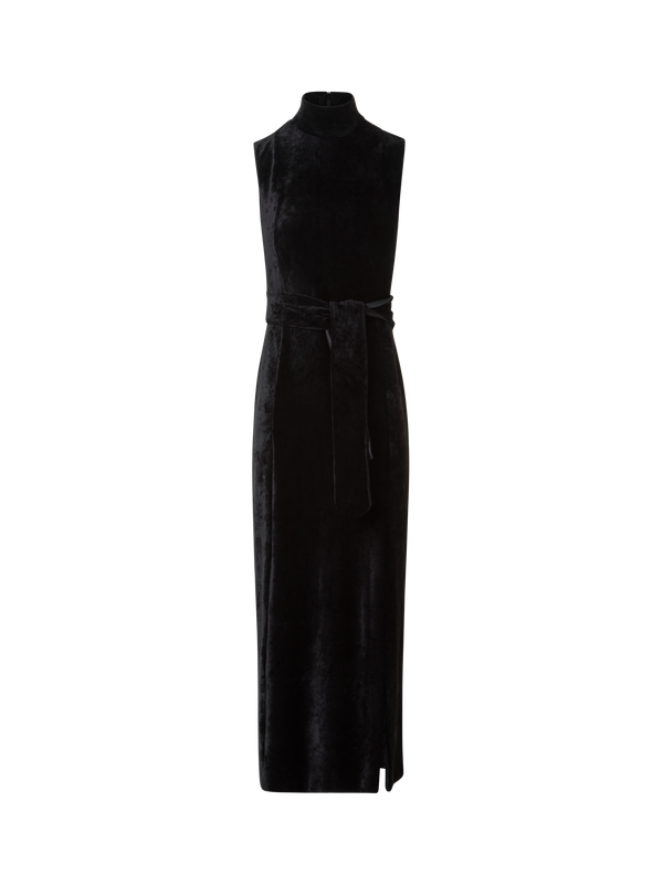 Designer Fitted Velvet Mock Neck Maxi Dress with Slit - black - neutral