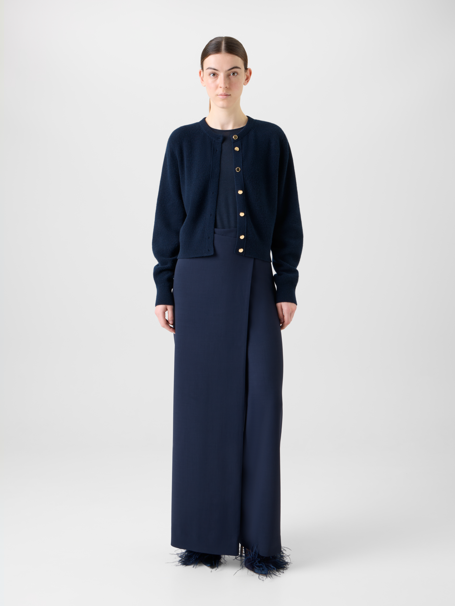 Designer Ribbed Cashmere Cardigan with Gold Buttons - neutral - navy - blue 