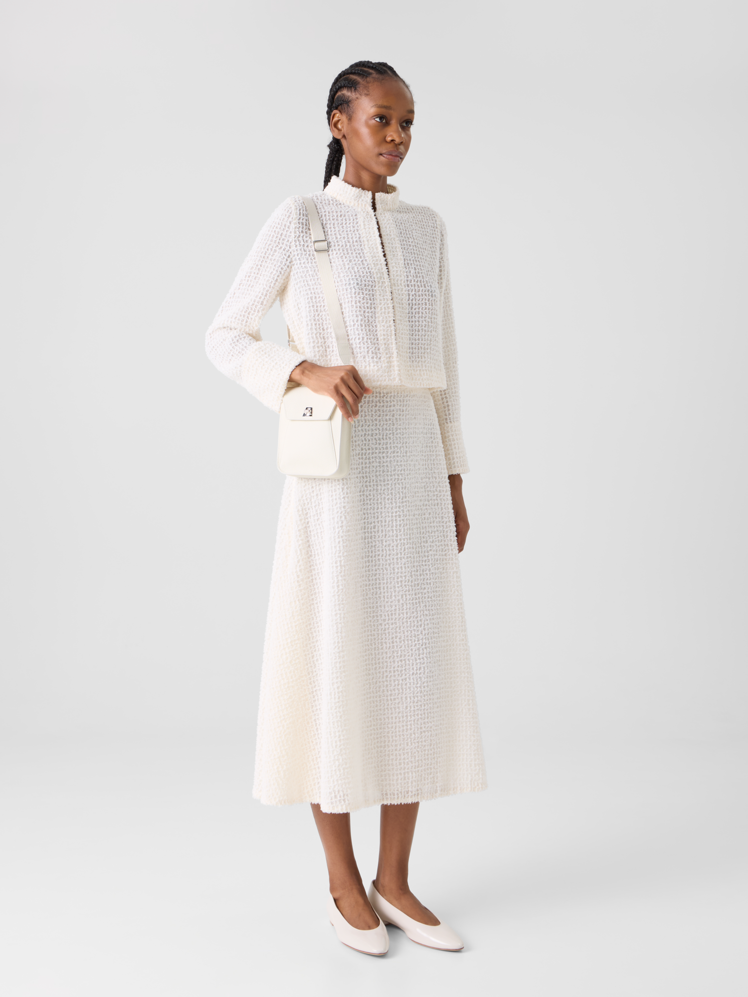 Designer Flared Midi Skirt in Fringed Grid - ecru