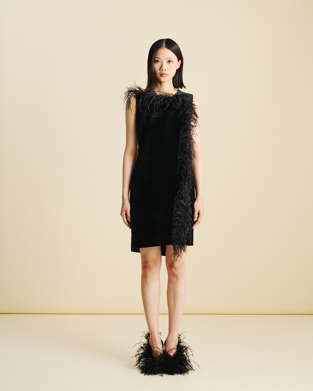 Designer Short Velvet Neoprene Dress with Feather Trim - black - neutral 