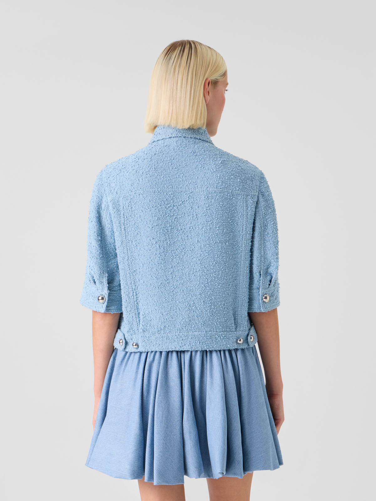 Designer Short Bouclé Cotton Summer Jacket - blue