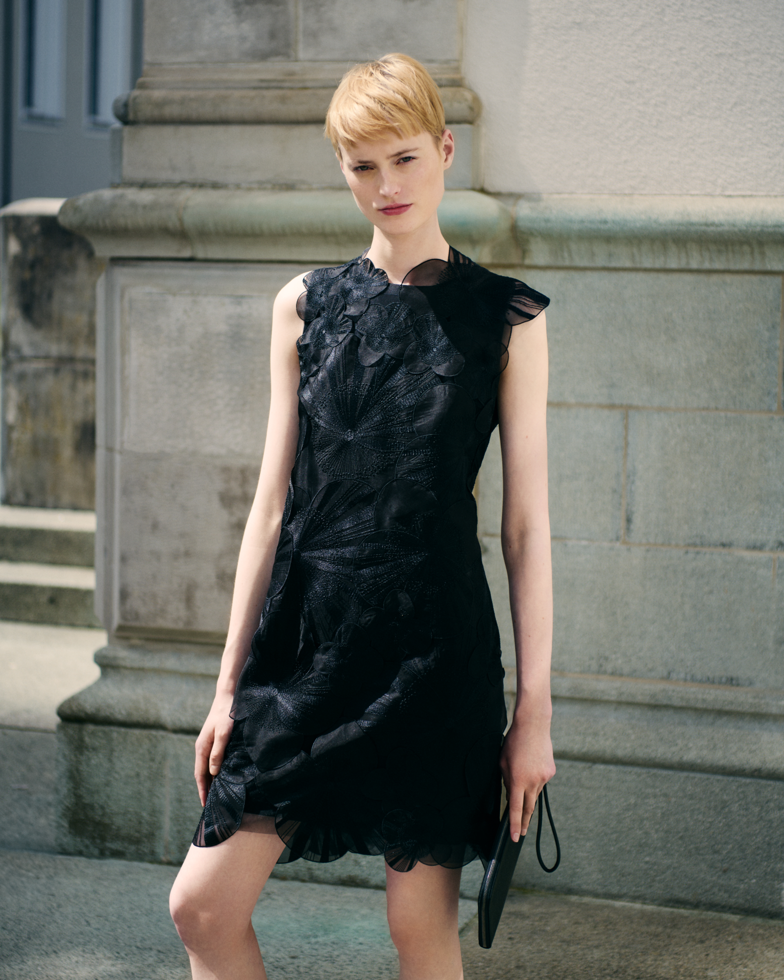 Designer Short Sheath Dress with Poppy Embroidery - black 