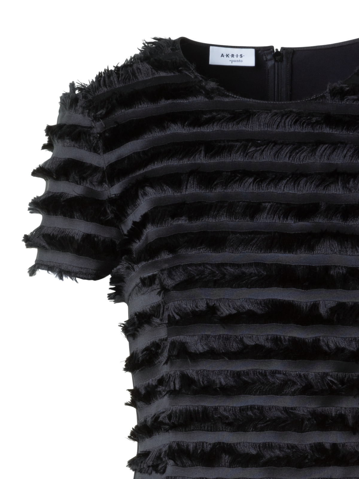 Designer Fitted Short Sleeve Top with Fringe Stripes - black - neutral